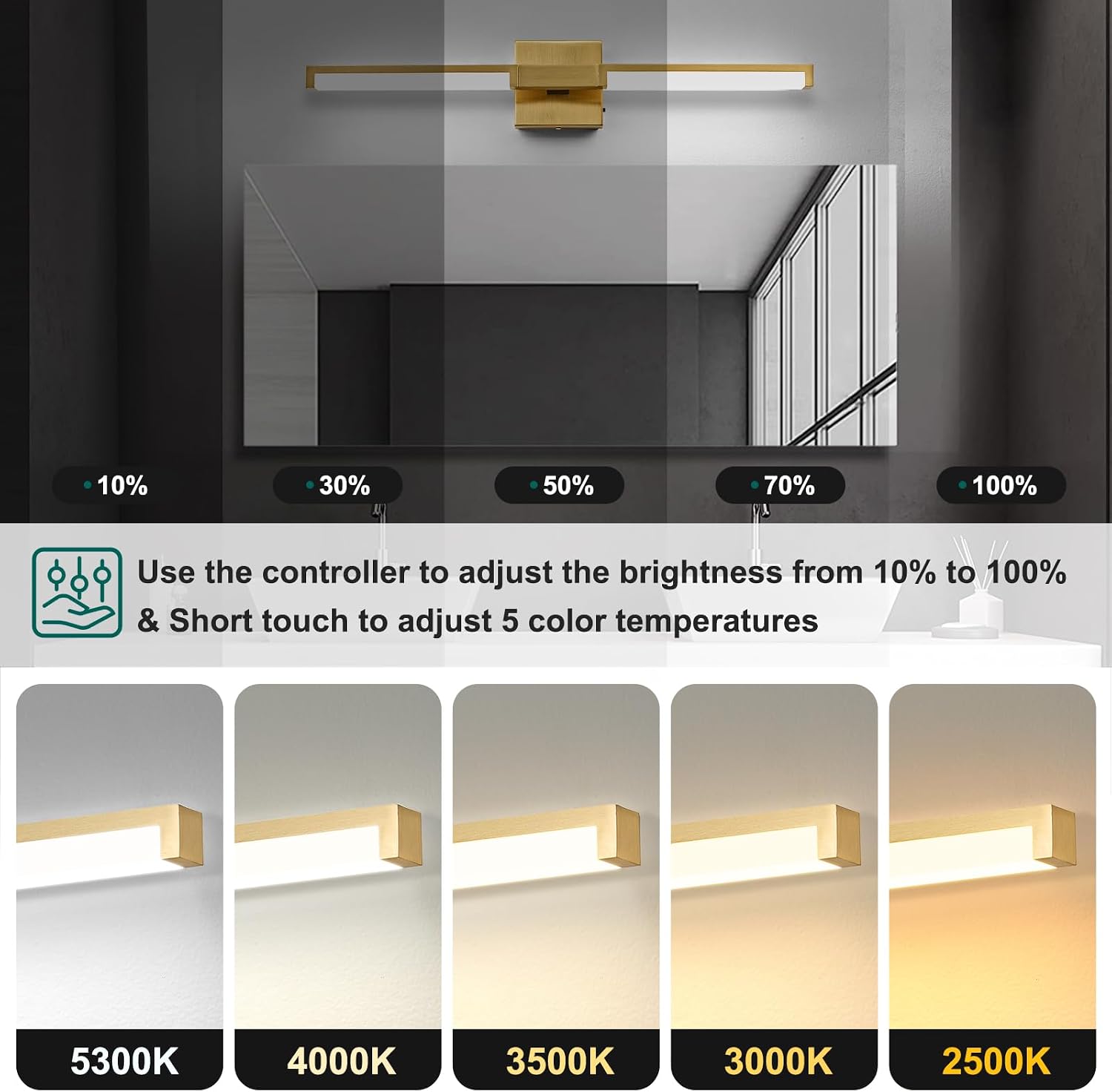 OKELI 24 Inch Bathroom Vanity Light Fixtures, Gold Modern Light Fixtures Over Mirror, 12W 5CCT Dimmable Wall Light thumbnail