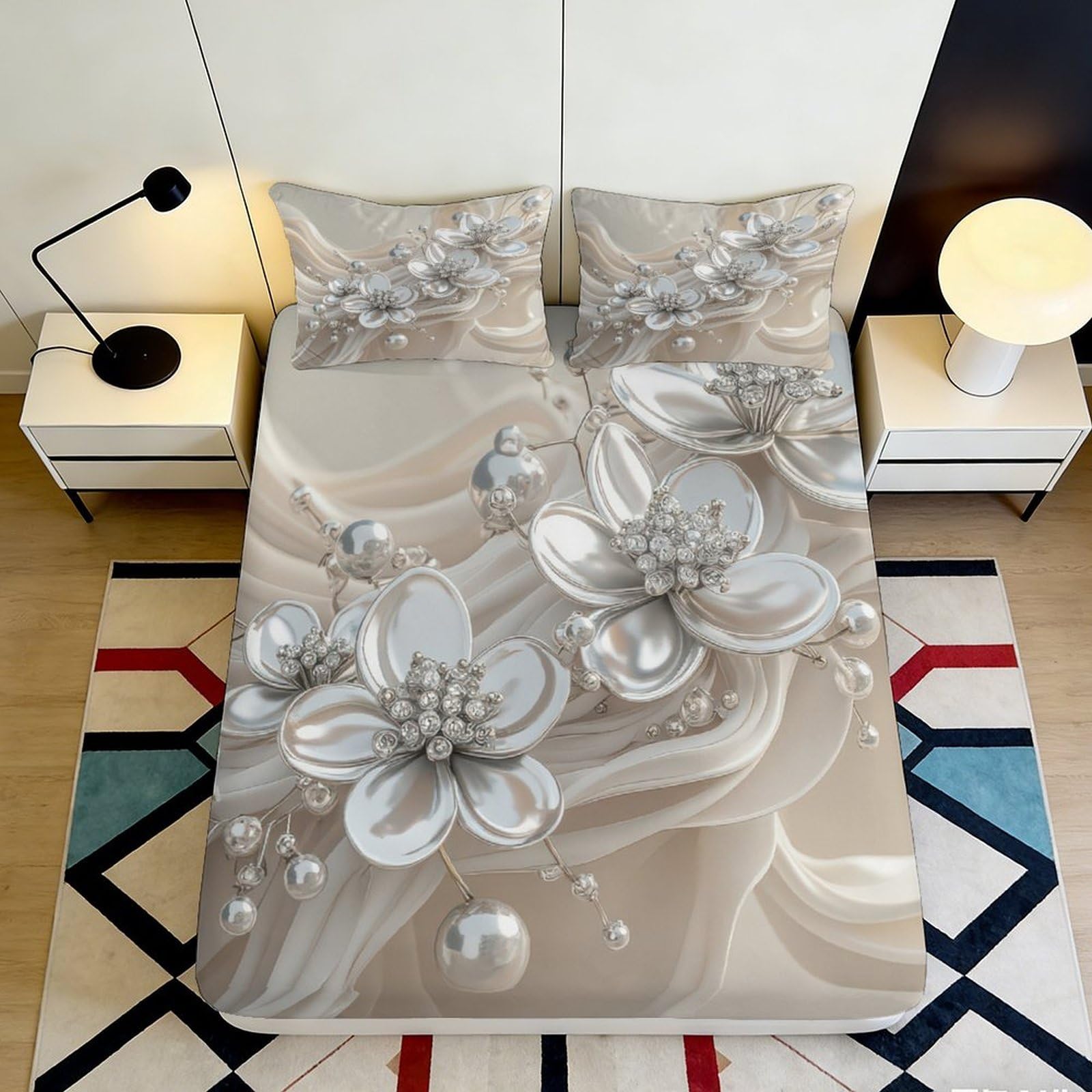 3D Printed Pearl Blossom Fitted Sheet Microfiber Soft Bedroom Decor Floral Bed Cover Dustproof Easy Care 90x200x25cm