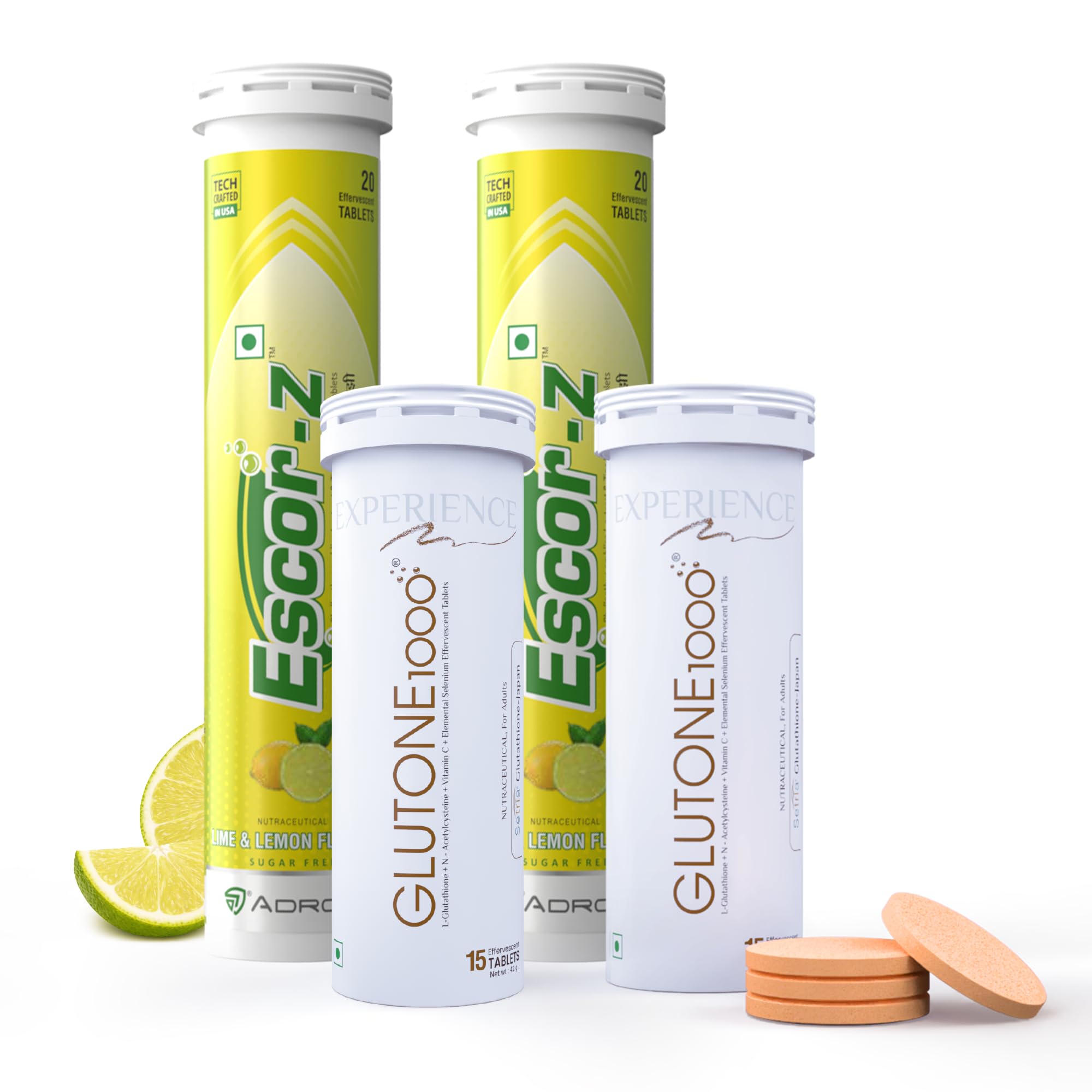 Glutone 1000 & Escor-Z Combo Pack| Setria L-Glutathione, Vitamin C Effervescent Tablets| Healthy Skin| 15 (2) + 20 (2) Tablets (Lemon Flavour)