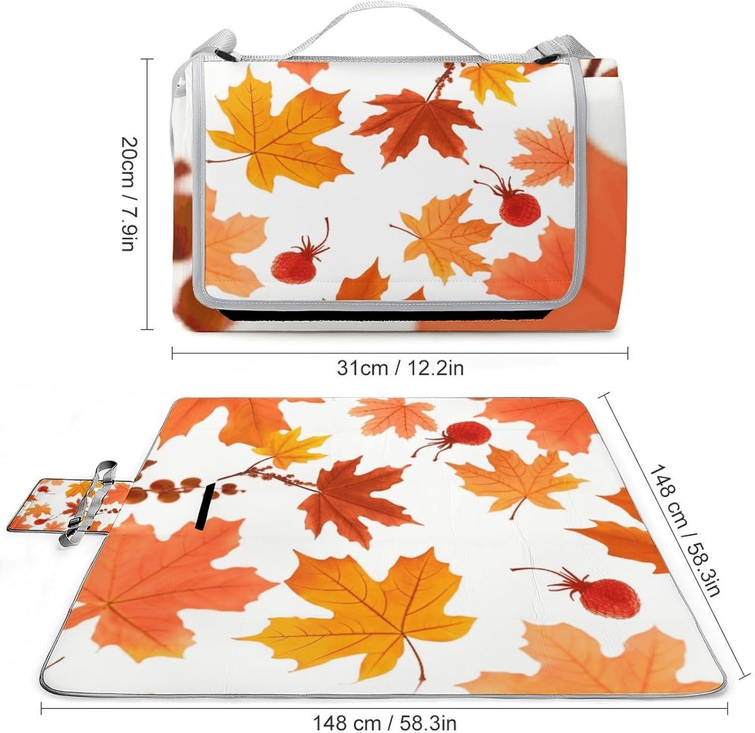 Autumn Maple Leaves Waterproof Picnic Blanket 58.3''x58.3'',Portable and Foldable Picnic Mat with Handle,Outdoor Blankets for Lawn Park Beach Travel
