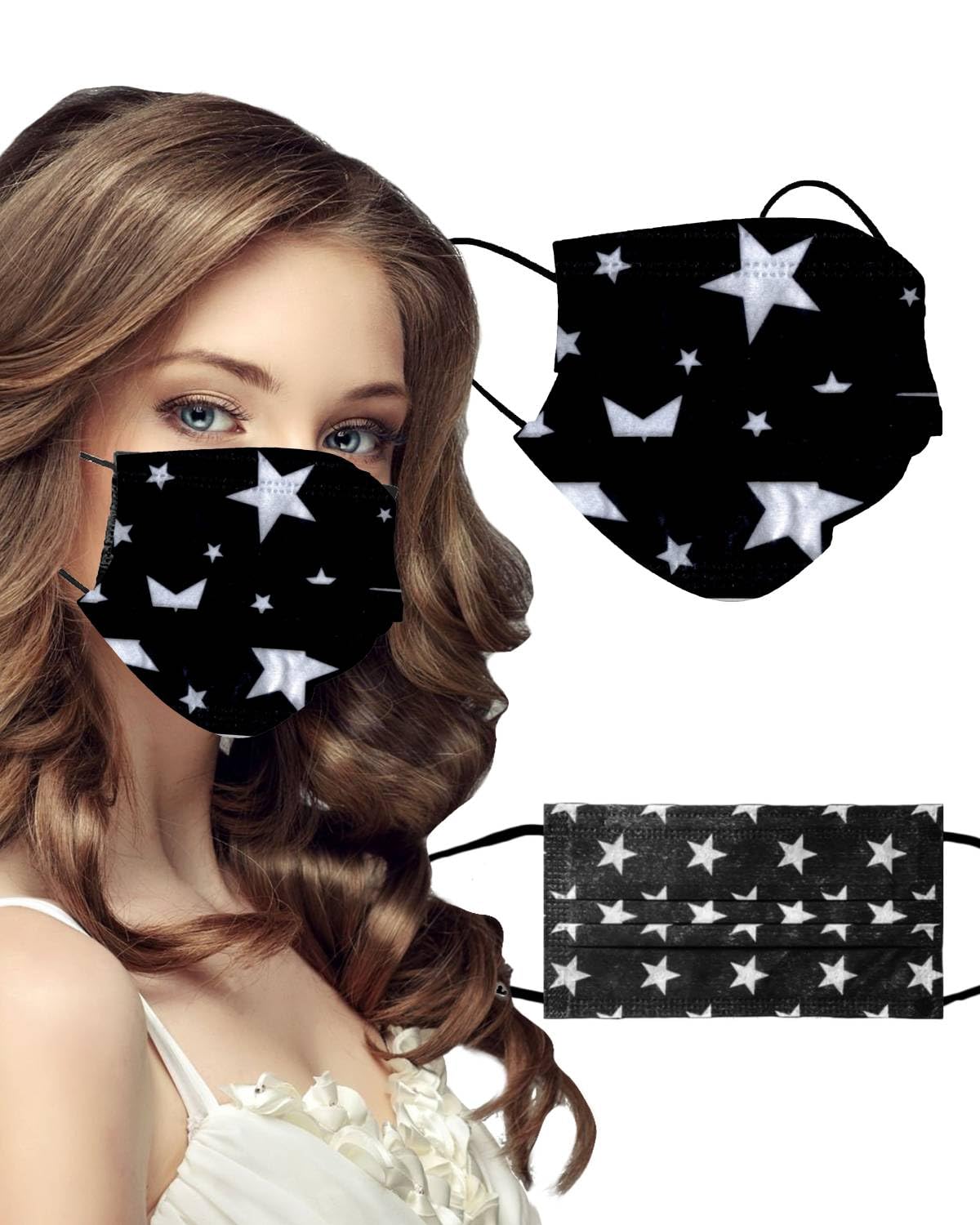 10Pcs Star Patterns Black White Face Masks Safety Disposable for Adult Comfortable Breathable Protective,3-Ply Skin Friendly Non-Woven Melt-Blown Fabric Adjustable Nose Clip &Elastic Earloops Hygiene