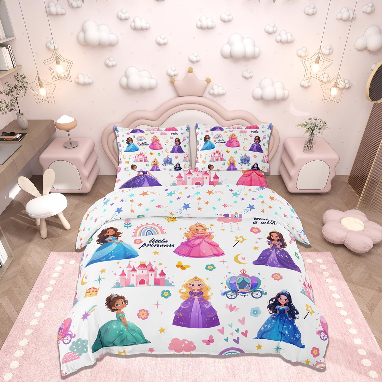 Loussiesd Cute Princess Bedding Set Super King Size Castle Duvet Cover for Kids Teens Adults Fairy Dreamy Comforter Cover Rainbow Flower Room Decor 3Pcs With 2 Pillow Case All Season Soft โ image 1
