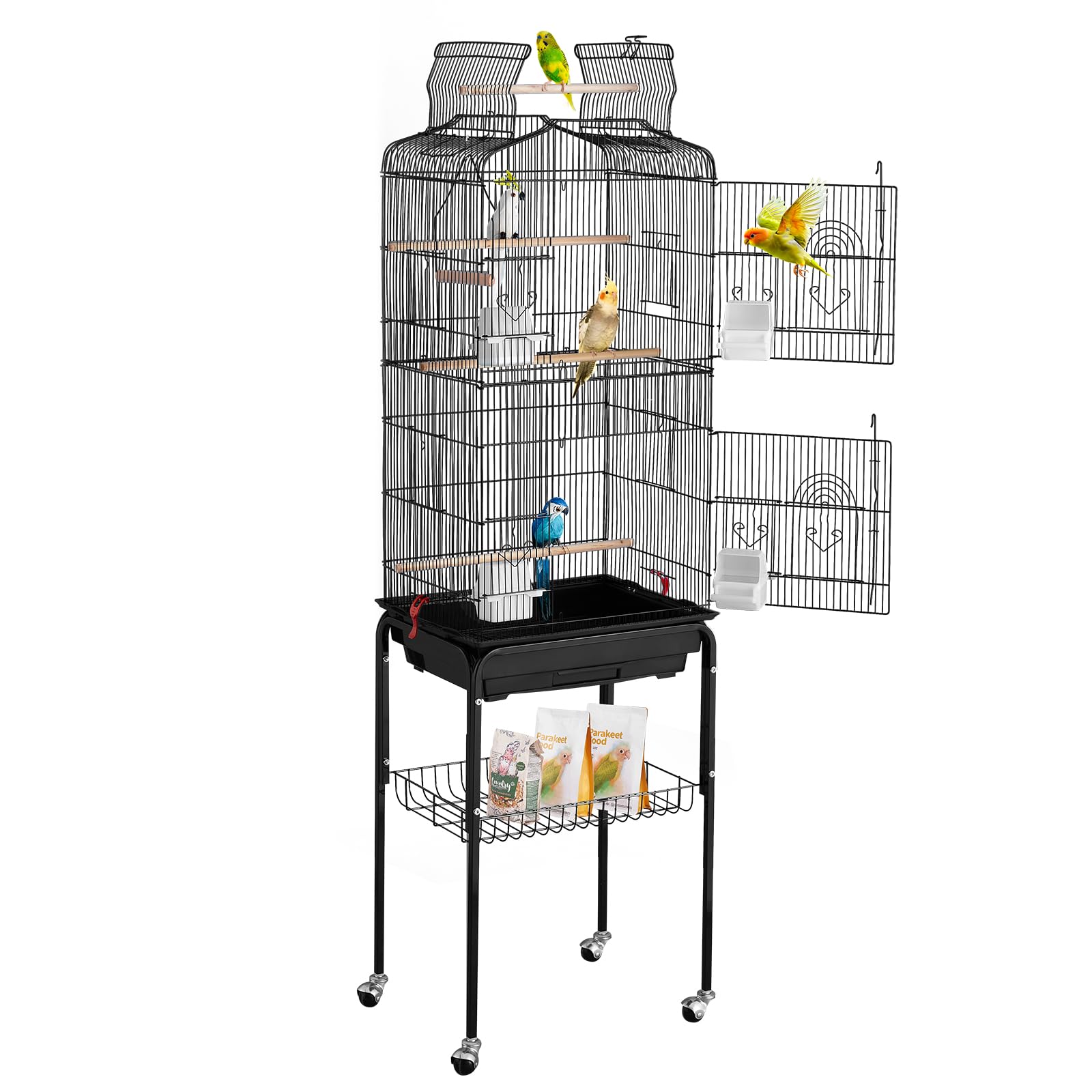 VEVOR Jaula grande para loros con parte superior abierta de 64 pulgadas con soporte rodante desmontable para periquitos, pinzones, canarios, tortolitos, cacatúas, periquitos, pequeños cuáqueros