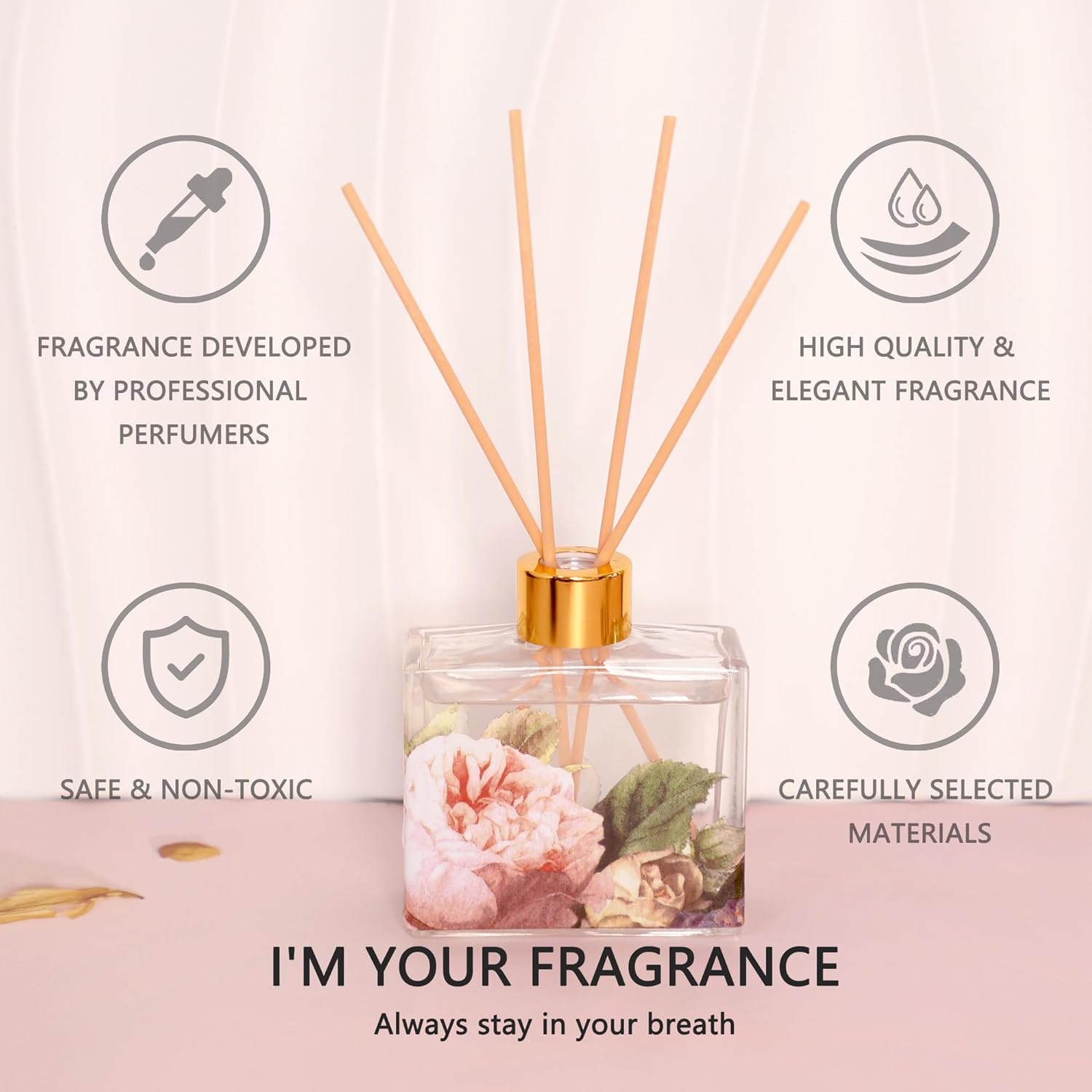 Reed Diffuser Set Rose Scent 3.38 Oz Reed Diffuser with Sticks - Bedroom Bathroom Shelf Valentine's Day Decor - Image 6