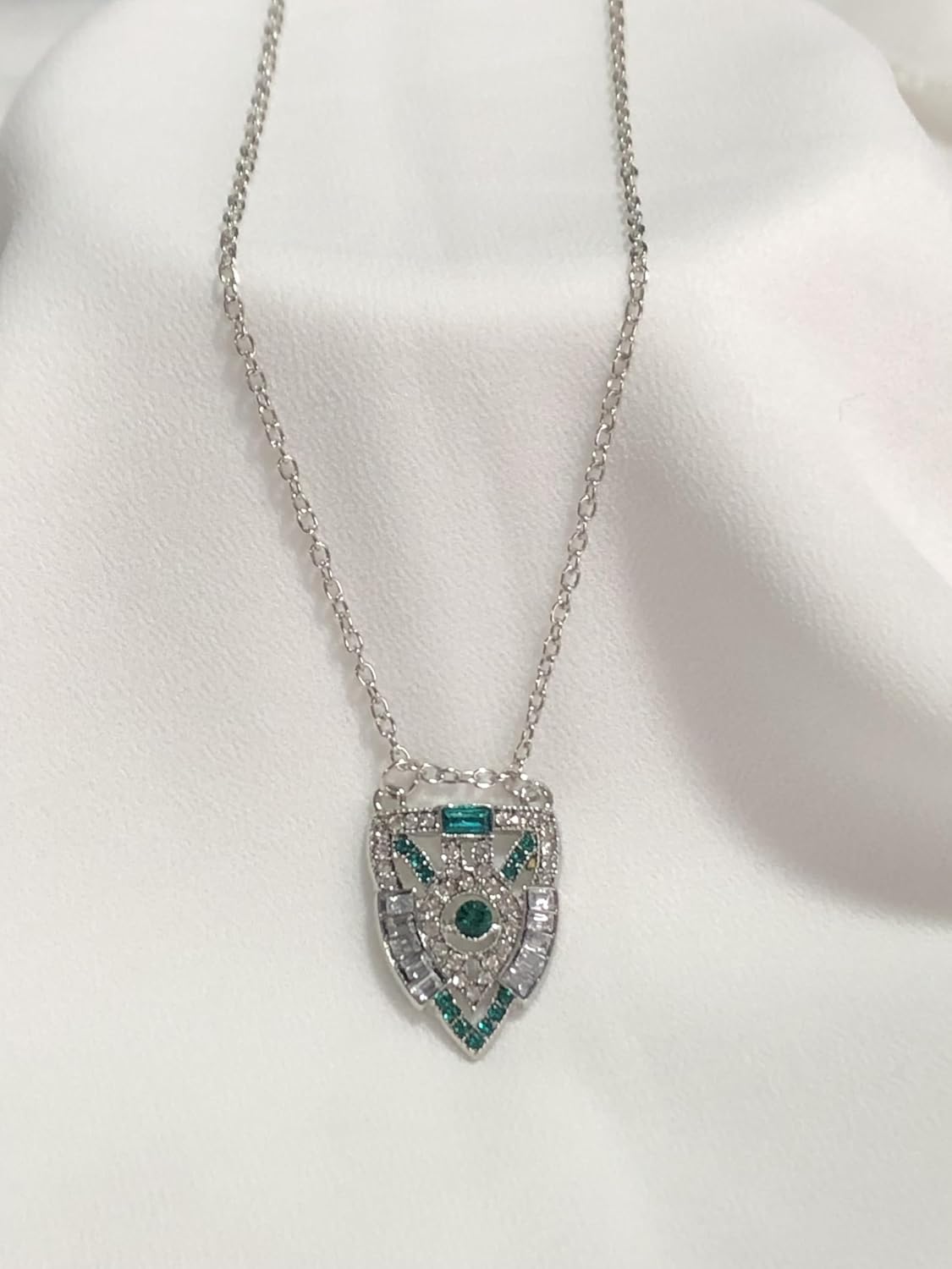 Secret for Longevity Art Deco Vintage Antique Flapper Gatsby Style Wedding Bridal Green Emerald Rhinestone Pendant Necklace on18 inch Chain - Image 5
