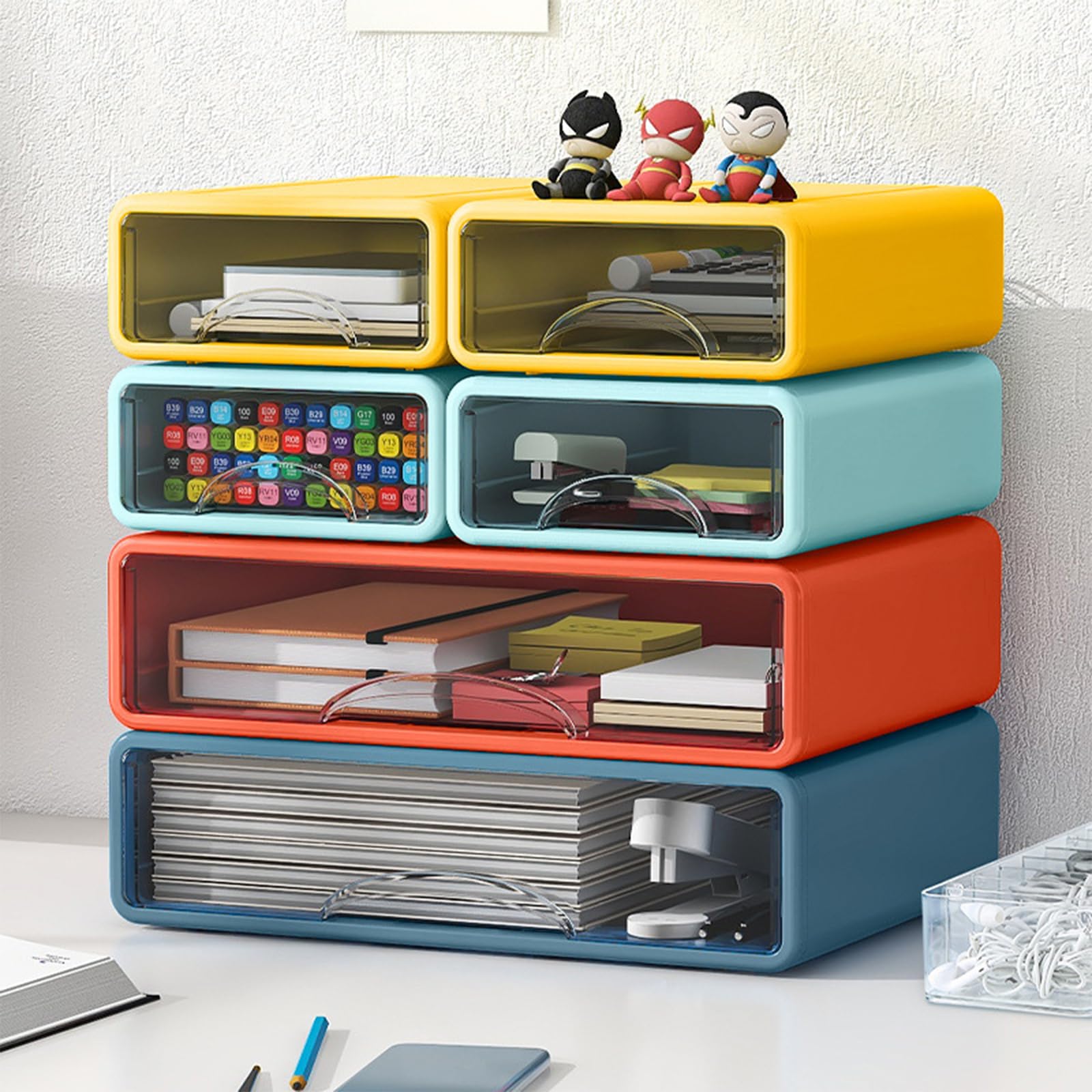 Organizer da scrivania con cassetti, cassetti impilabili con scomparti, organizzazione da scrivania per forniture per ufficio, trucco, matite, nastro, gomme, graffette, caricatori (2S2M)