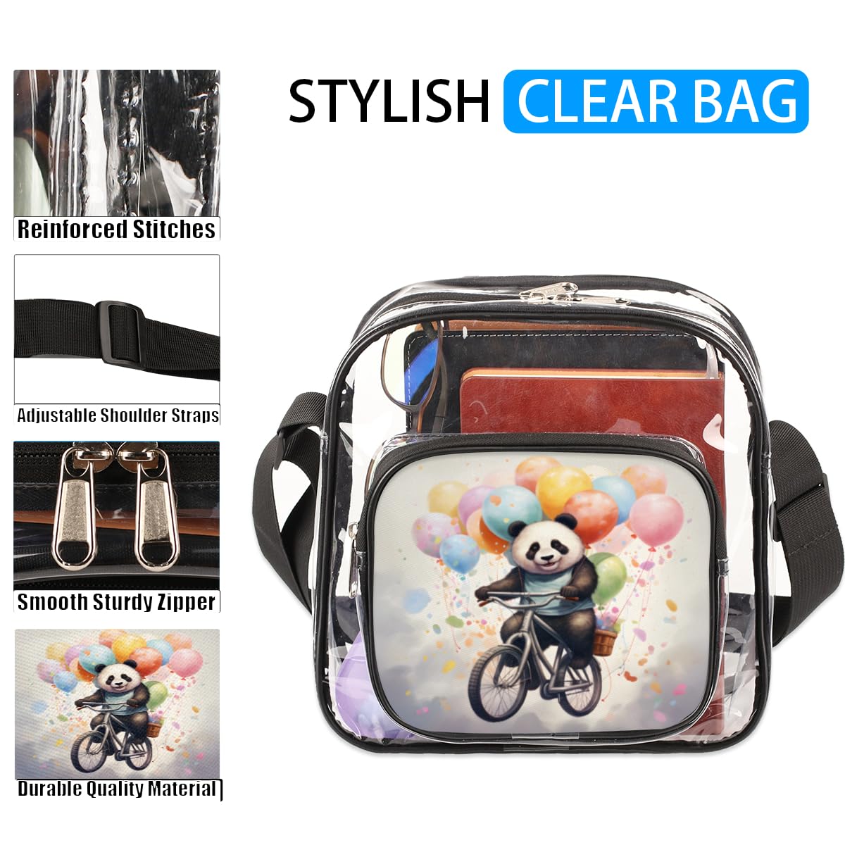 Clear Crossbody Bag Stadium Approved Panda On Bike Transparent Bag for Festivals, Sports Events, Concerts,Beach Bag for Women Men Balloon Clear Purse with Front Pocket Messenger Bag