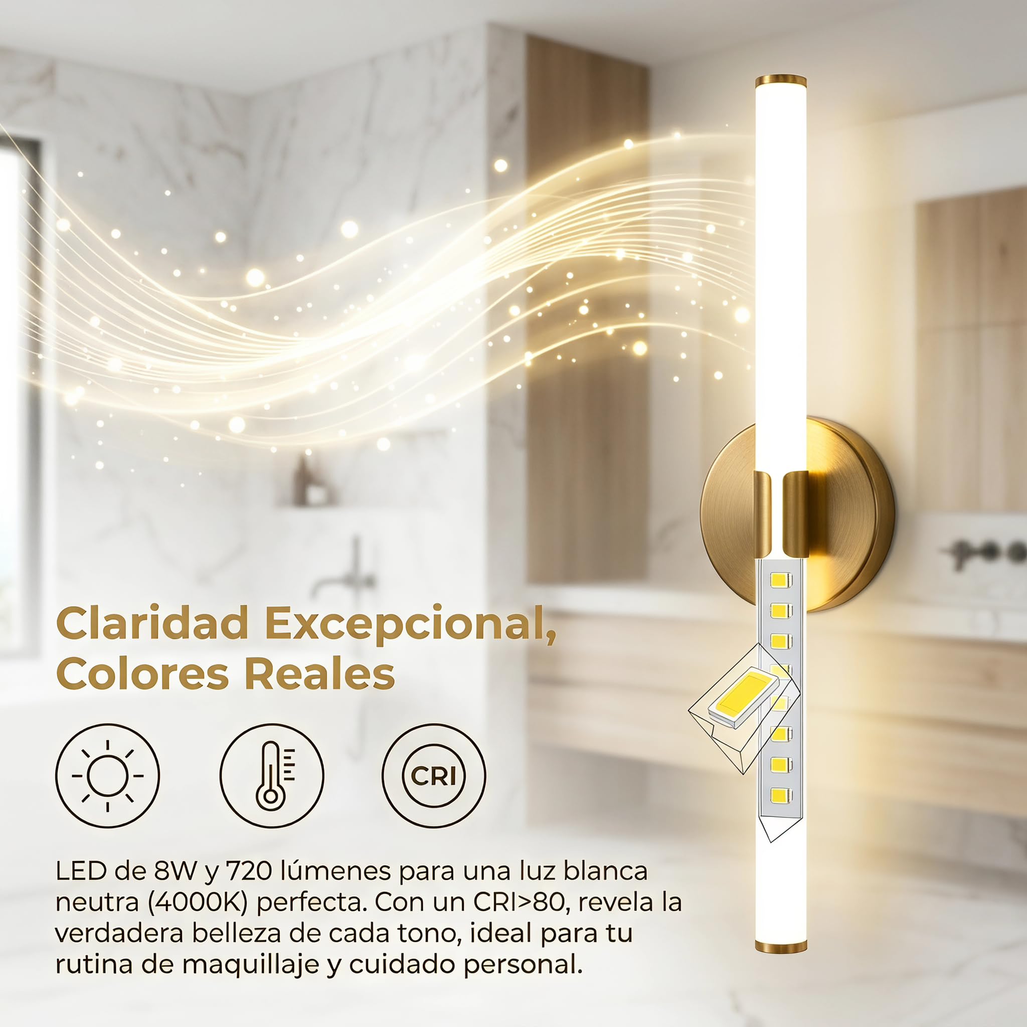 BARCELONA LED Applique LED Salle de Bain 8W 720lm IP44 60cm Or | 60cm, 8W 720lm, IP44 résistant à l’humidité, finition dorée, lumière neutre 4000K, aluminium, idéal miroir de salle de bain