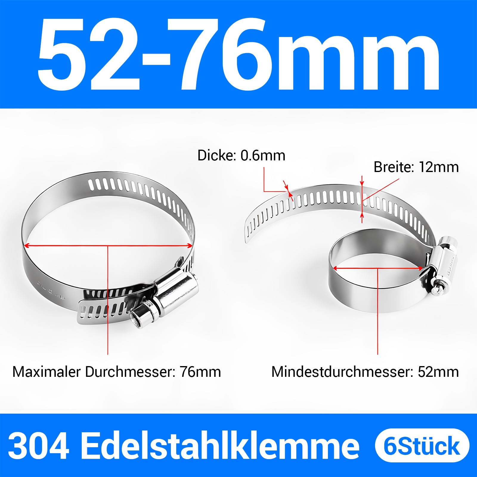 6 Stück Schlauchschellen aus Edelstahl, Metallschellen, Schlauchschellen aus Edelstahl, verstellbar, 52-76 mm, Metallschelle mit Schraube, Schlauchschelle mit Bolzen für Wasserschlauch Auto Pool