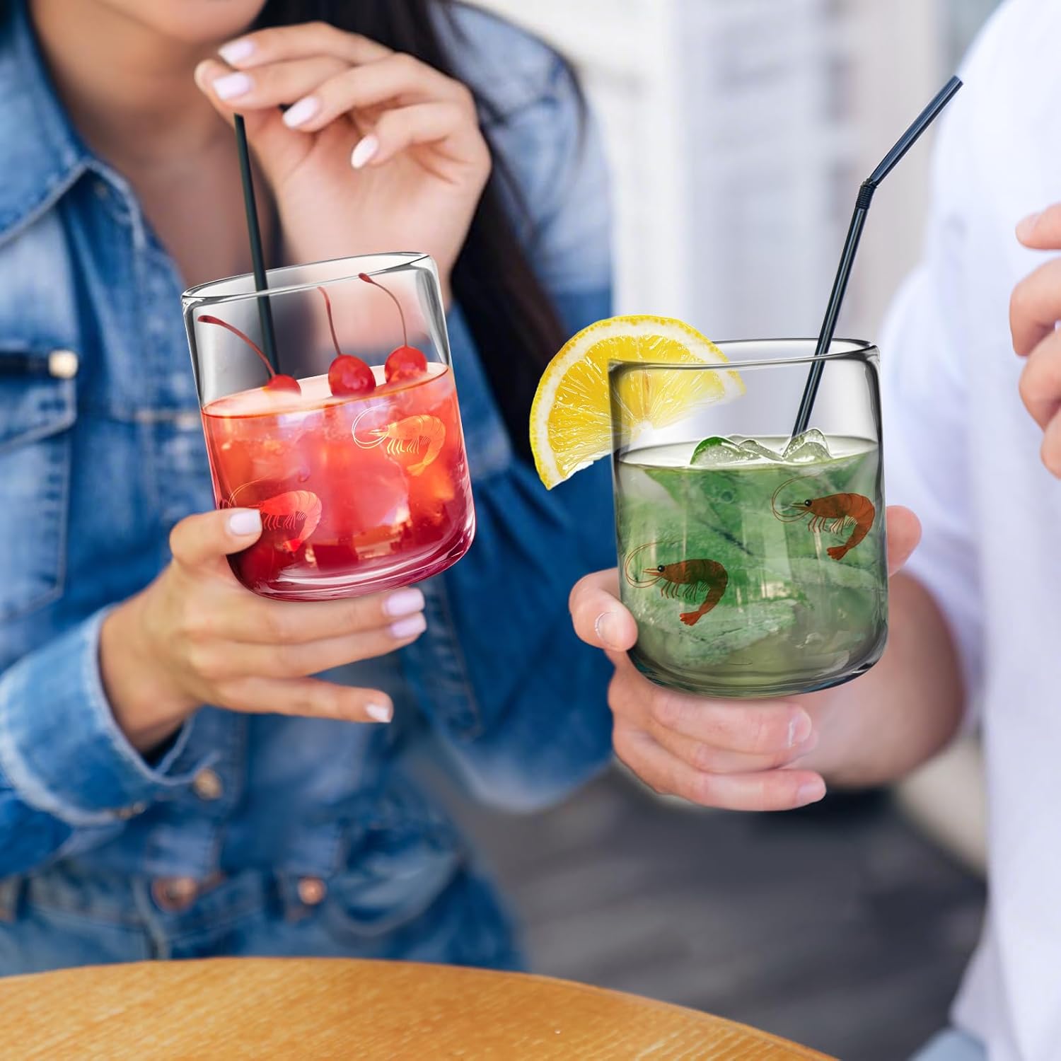 Funnymoom 2 PCS Icon Juice Glasses - 14oz Old Fashioned Icon Stemless Wine Drinking Juice Cocktail Coffee Glasses Cups for Women Home Summer Party Supplies Gift(Shrimp Style)