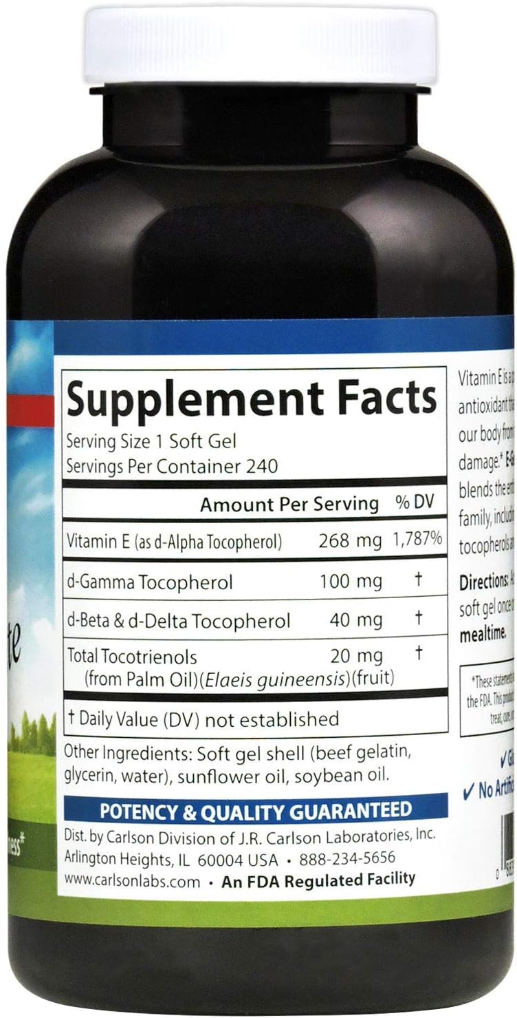 Carlson - E-Gems Elite, 400 IU Vitamin E with Tocopherols & Tocotrienols, Vitamin E Capsules, Heart Health & Optimal Wellness, Antioxidant, Vitamin E Supplement, 240 Softgels : Health & Household