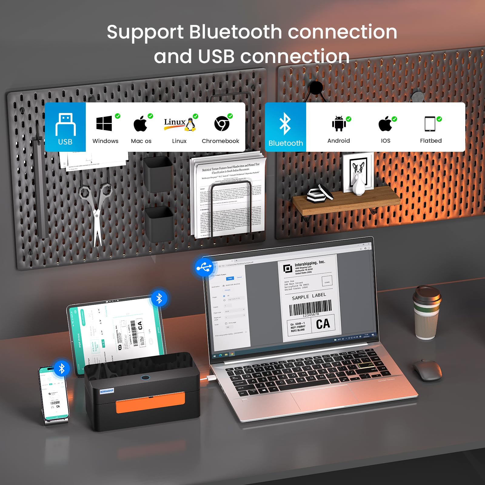 Bluetooth drukarka etykiet wysyłkowych, 4x6 termiczna drukarka etykiet, kompatybilna z Etsy, eBay, Amazon, dla małych firm spedycyjnych, czarny pomarańczowy