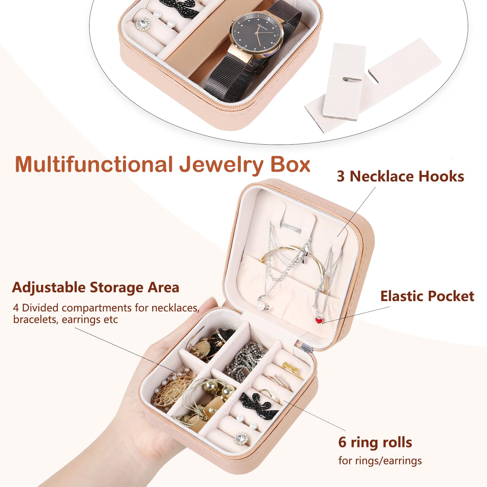 AiQInu Estuche Joyero Pequeño Doble Capa de Viaje para Mujeres, Organizador de Cuero PU para Anillos Pendientes Collar