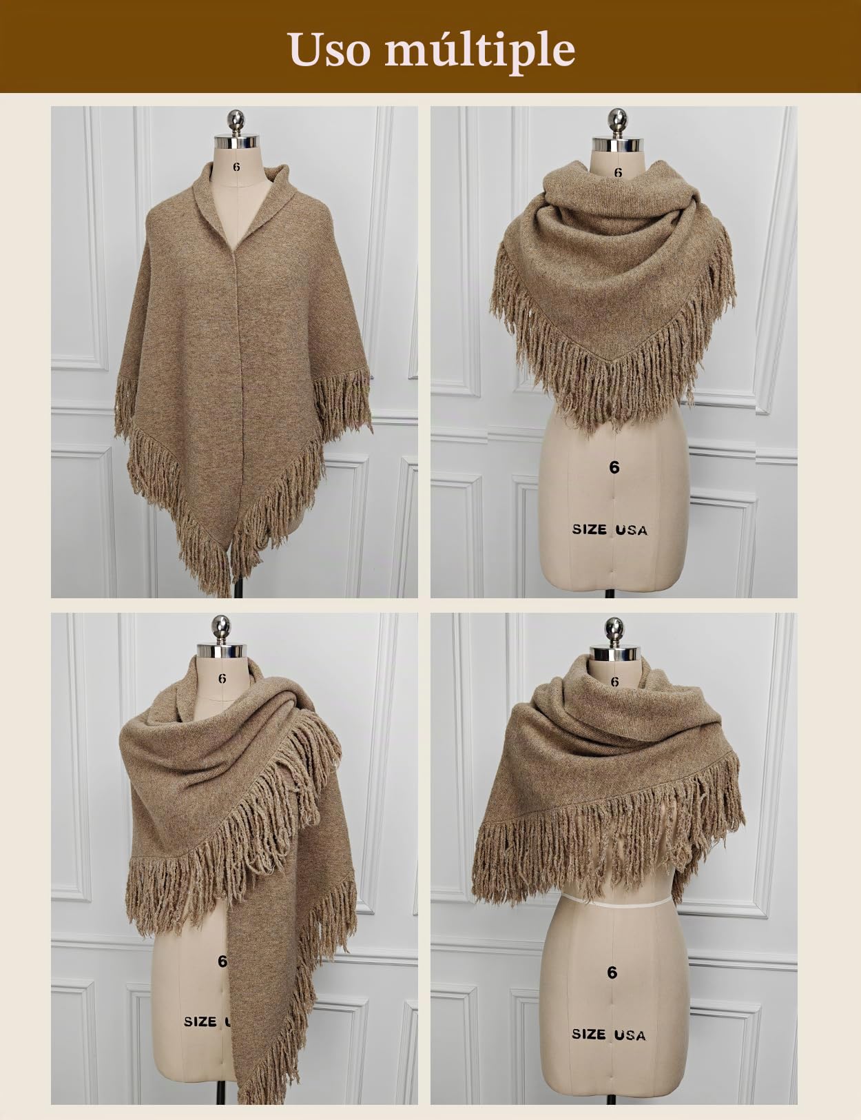 BEAUTELICATE Bufanda de Mezcla de Lana Mujer Capa Poncho de Punto Triangular Pashmina Chales con Flecos para Otoño Invierno Talla Grande