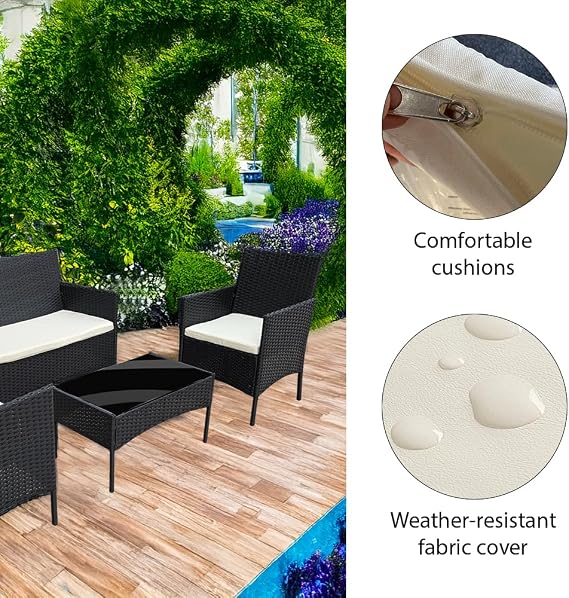shine planet 4 Seater Garden Patio Furniture Set Rattan Garden Furniture with sponge padded water resistant cushions and Tempered Glass Table good for Garden, Backyard (Black +Beige Cushions)