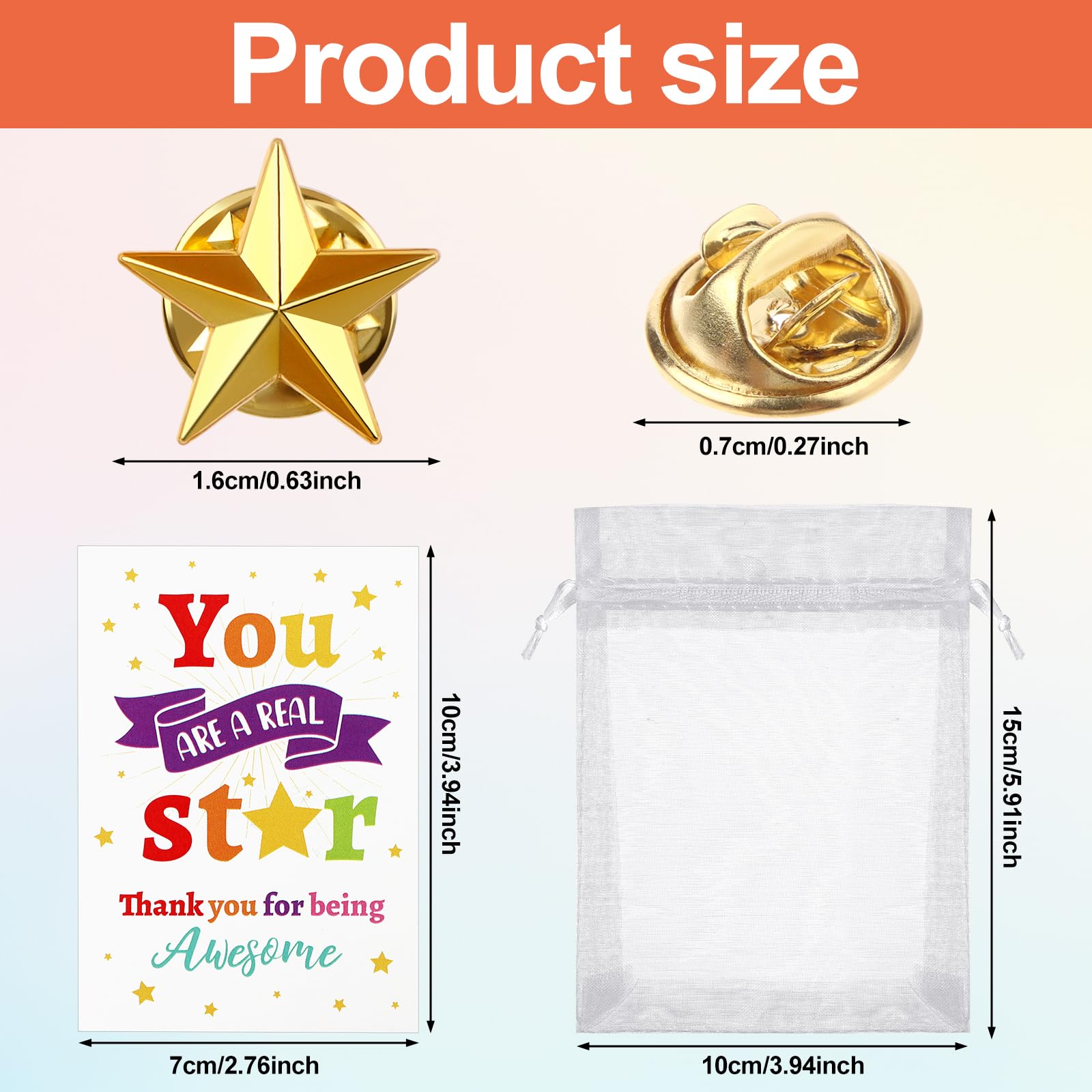 50 Sets Employee Appreciation Gifts Bulk Include Star Badge Lapel Pin Inspirational Greeting Cards Organza Bag Thank You Gift for Teacher Staff Coworkers Employee Volunteer Easter Party Supplies - Image 3