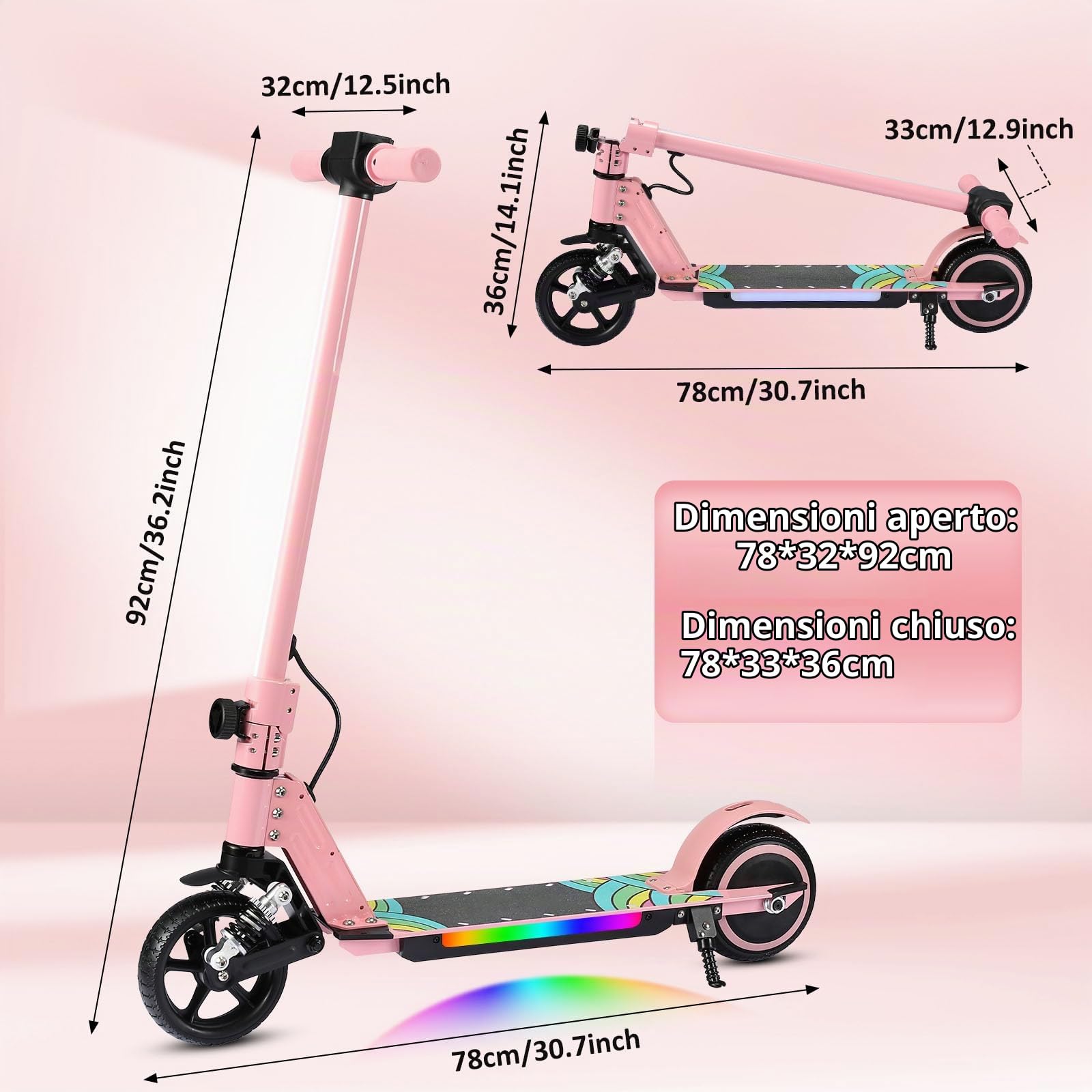 Monopattino elettrico per bambini, 6-12 anni, 130 W, 14 km/h, portata 8 km, luci LED colorate, pieghevole, scooter elettrico per ragazzi e ragazze, regalo per bambini