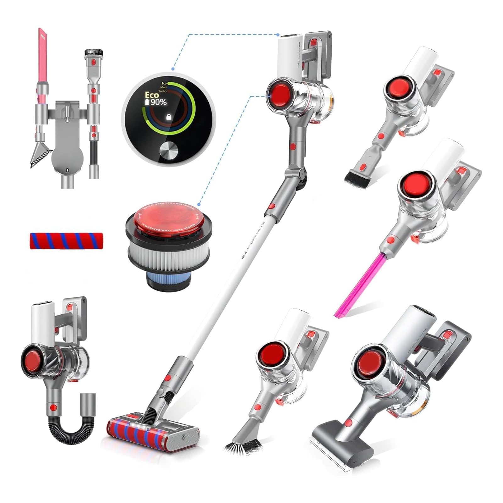 40KPa/450W Aspirapolvere Senza Fili Potente, 2025 Scopa Elettrica Senza Fili Mantiene Casa, Ultra-silenzioso LED Smart Anti-Avvolgimento Aspirapolvere spazzola per Pavimenti Tappeti Peli di Animalili