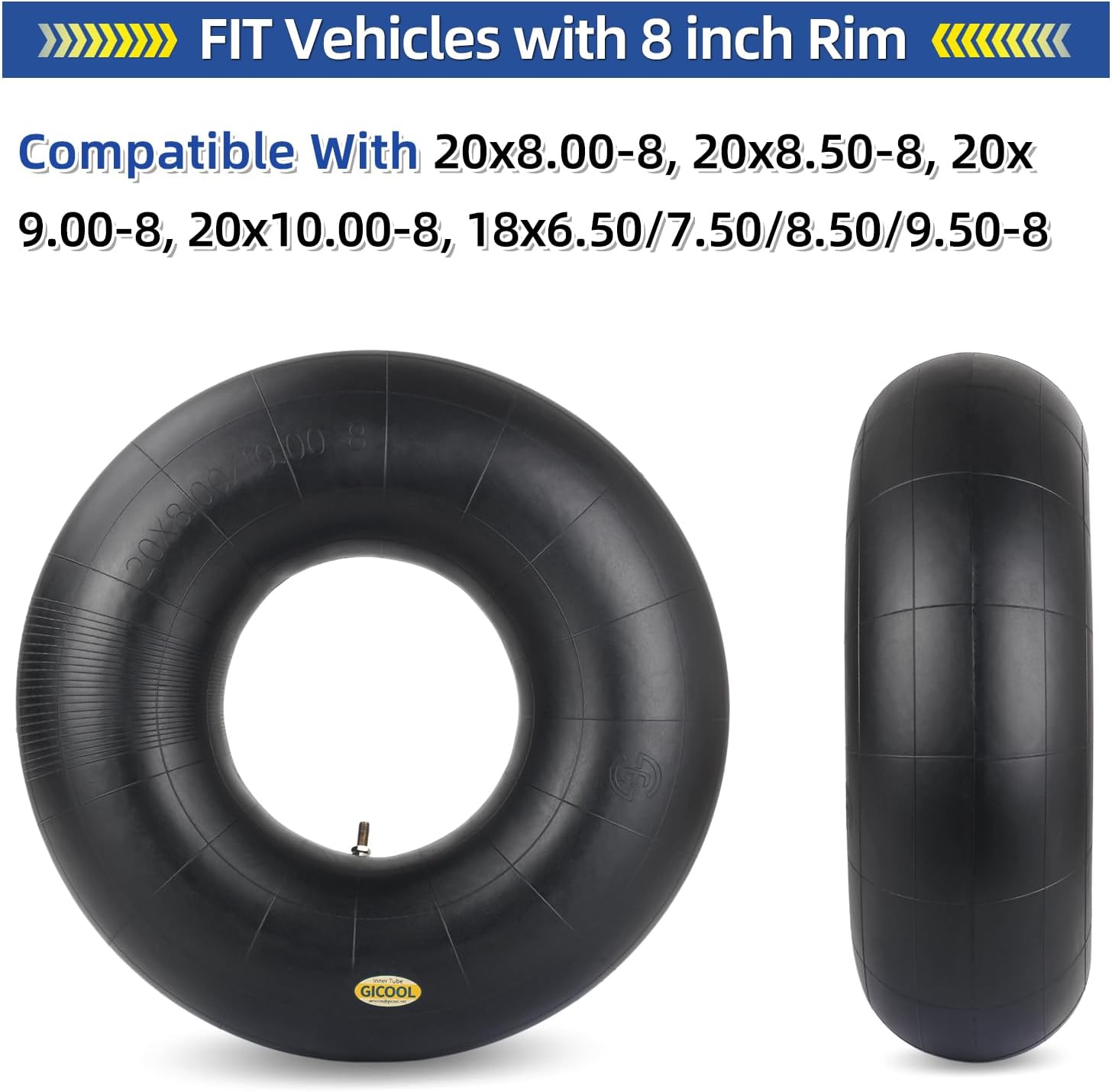 GICOOL 20x8.00-8 20x10.00-8 Inner Tubes, 2 Pack with TR4 Valve Stem, Heavy-Duty Replacement Tubes for Lawn Mowers, Tractors, Riding Mowers, Golf Carts, Scooters, Go Karts, Wagons, Garden Trailers