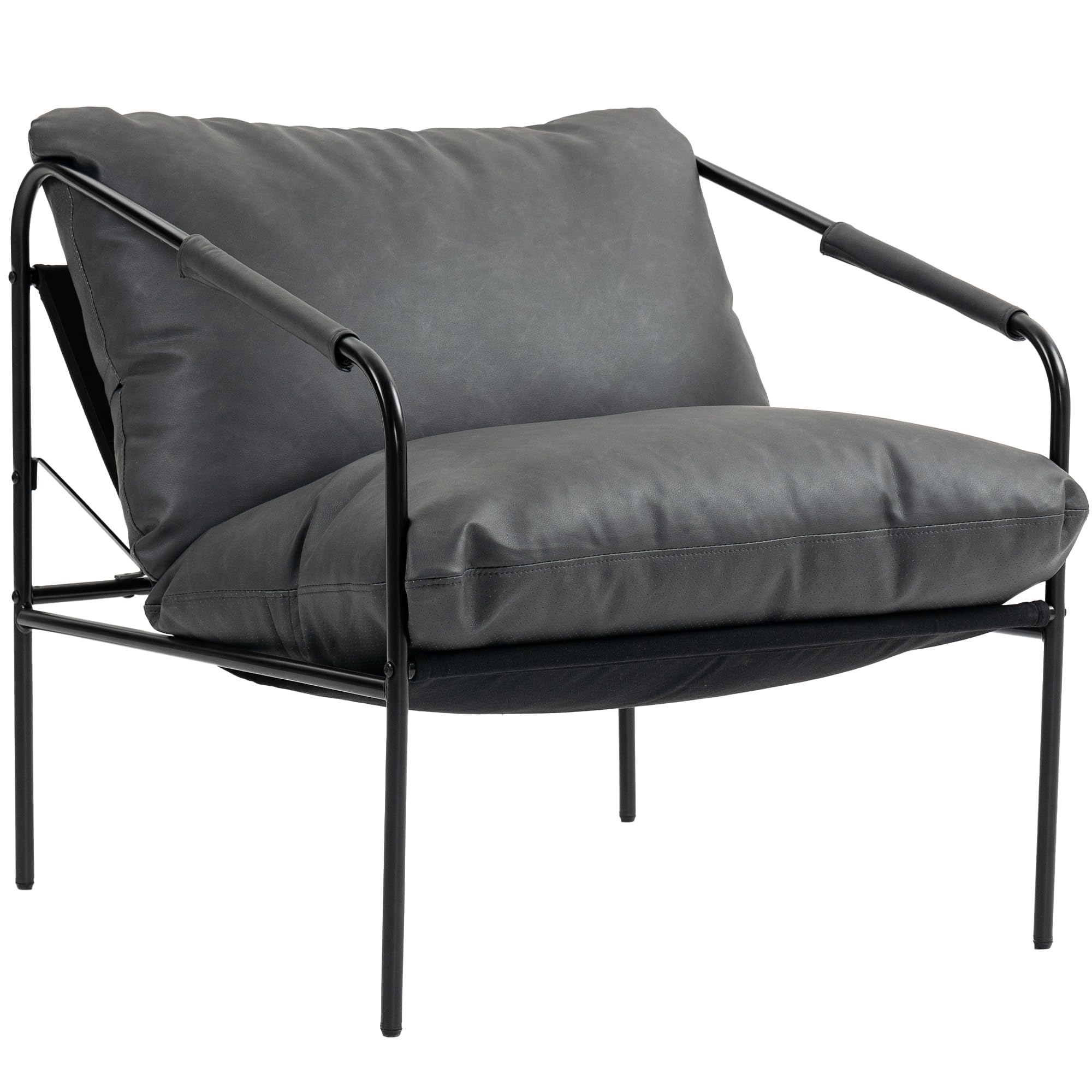 HOMCOM Poltrona da Salotto Imbottita Moderna, Poltroncina Camera da Letto con Cuscini Rimovibile, Braccioli e Telaio in Metallo, Poltrona Relax in Pelle PU per Soggiorno, 74.5x75x77 cm, Grigio Carbone