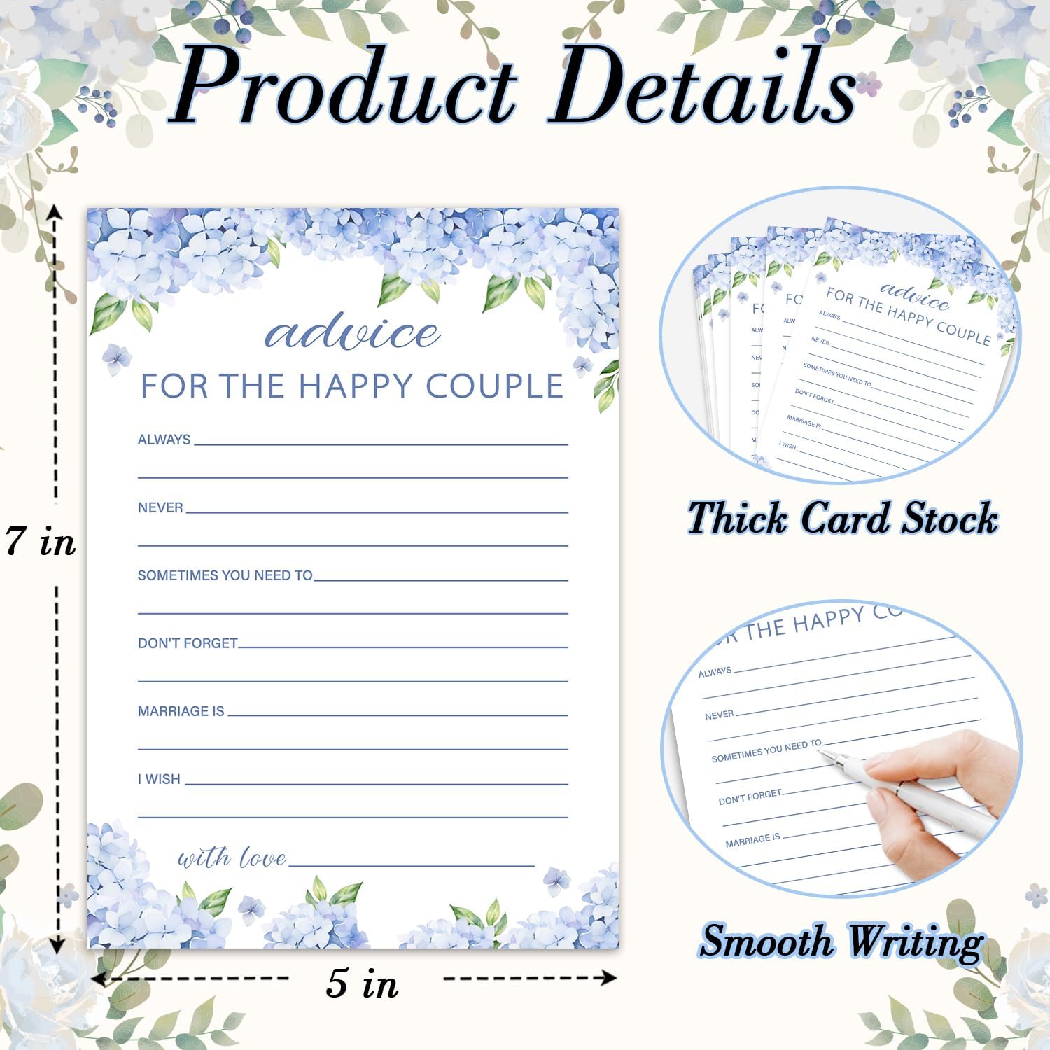 Bridal Shower Games, Advice for The Happy Couple, Blue Hydrangea Wedding Shower Game Cards, Bridal Shower Games 25 Guests for Wedding Party, Minimalist Engagement Party Supplies (5"x7") -04