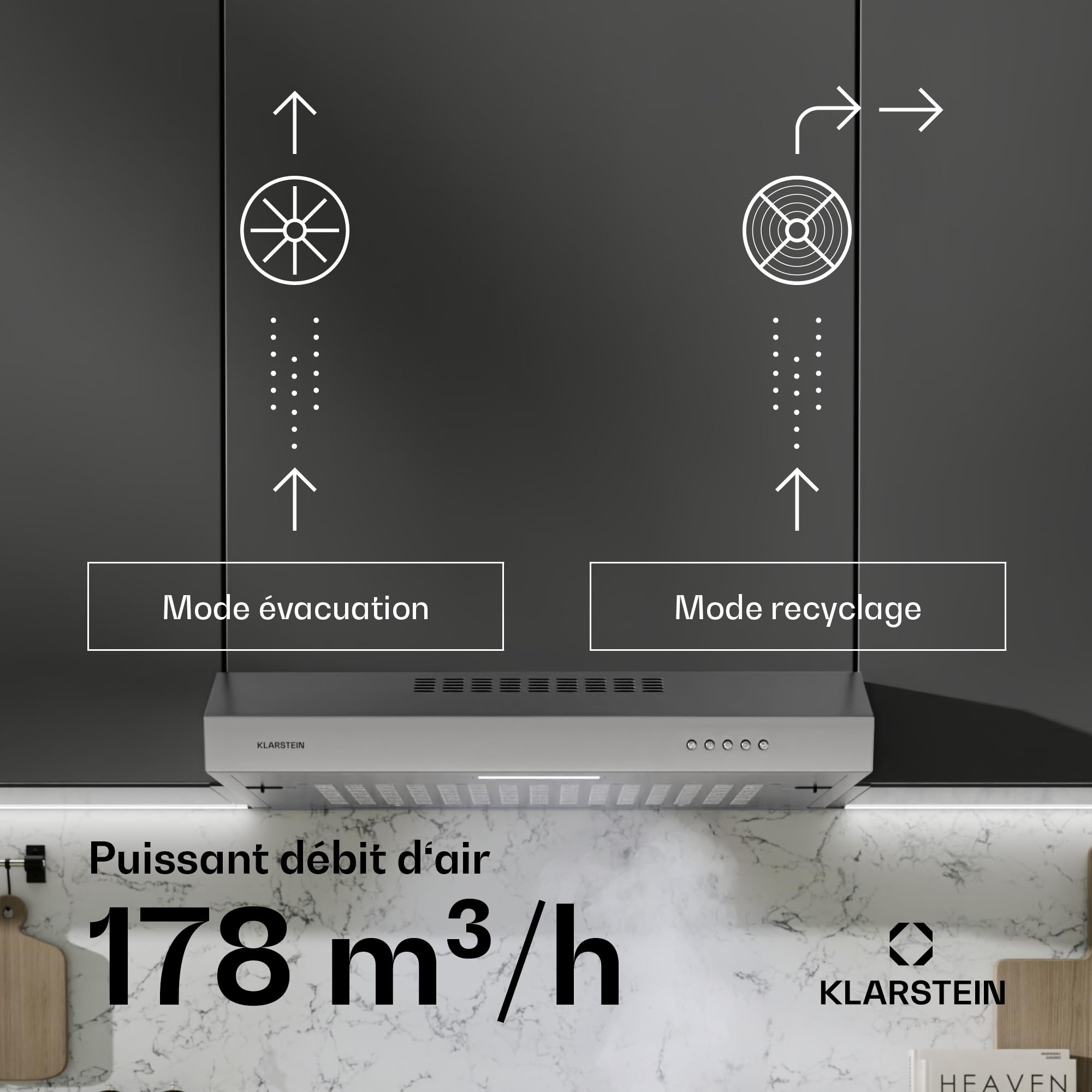 Klarstein SlimVent Hotte Aspirante, 60 cm Hotte de Cuisine Gain de Place, 178 m³/h, Énergie A+, Silencieuse 52 dB, LED, Filtre à Charbon, à Tiroir, Argent