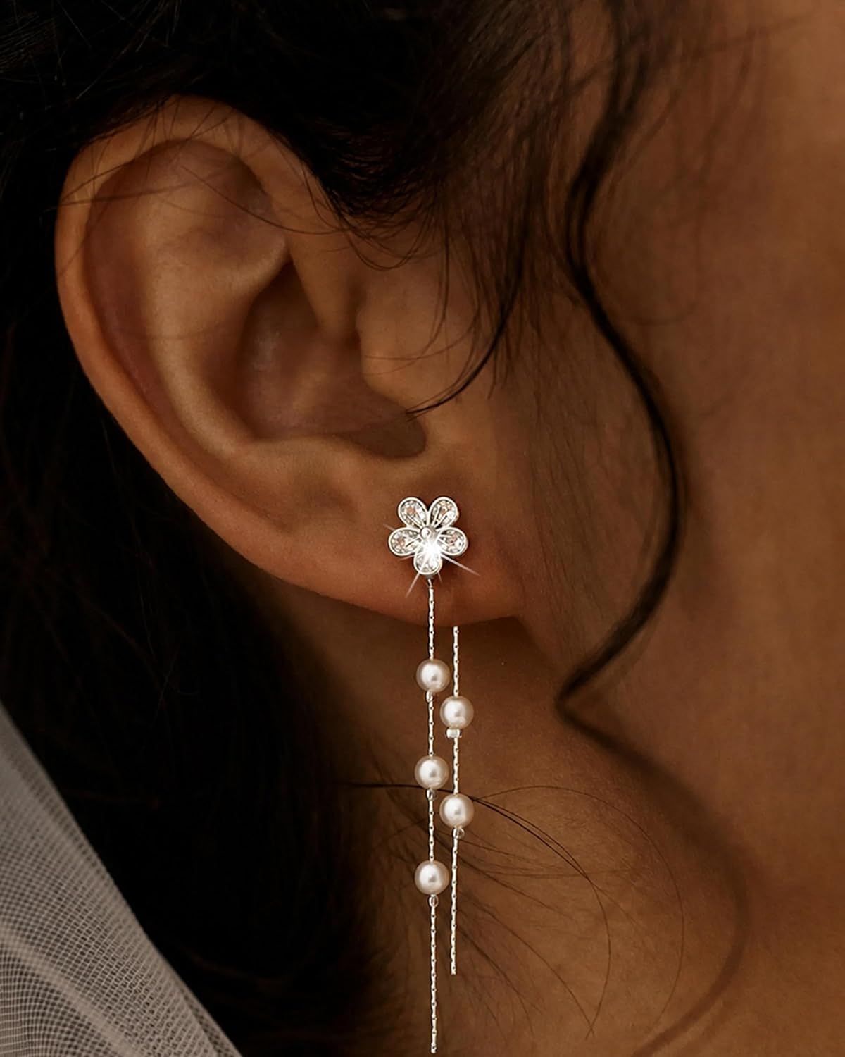 14K Gold Plated/Sterling Silver CZ Pearl Drop Dangle Earrings for Women image 4