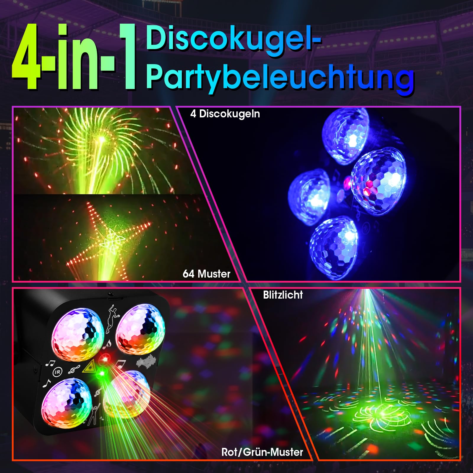 Discolichter für Partys, 3 Modi: Tonaktiviert/Fernbedienung/Auto, mit 4 Discokugeln und 2 Hauptlichtern, 64 Muster, ideal für Zuhause, Geburtstage, Karaoke, Tanzen, Bars, KTV, Clubs