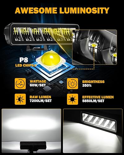 Miniatura 3 de Auxbeam R4 60W - Vástago de luz LED cuadrado de 6.3 pulgadas, barra de luces de conducción para todo terreno, IP68 impermeable, luz blanca