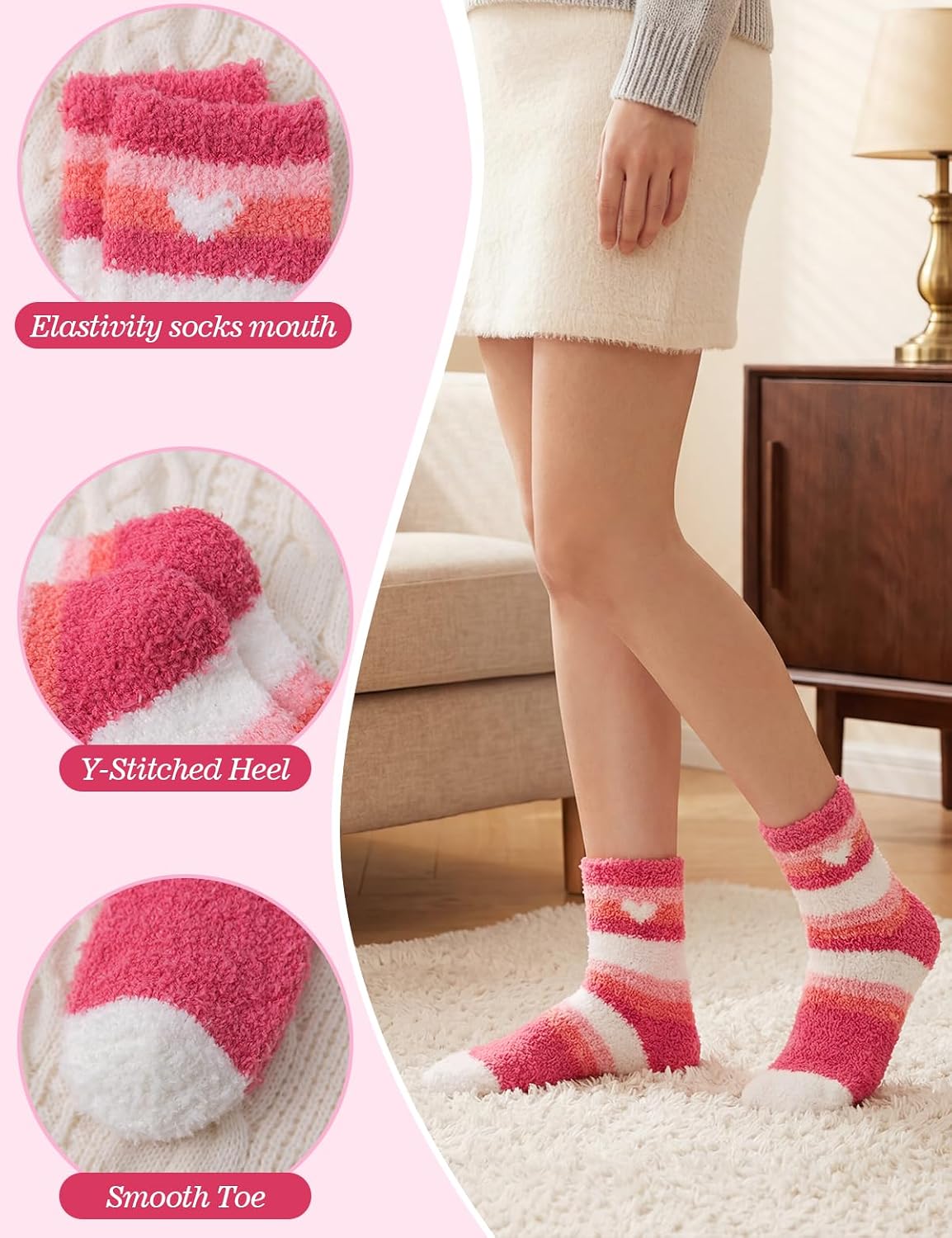 TOCONFFON Women's Fuzzy Socks Cozy Fluffy Socks Hospital Home Sleep Slipper Socks Warm Cozy Gifts Ideas for Mom 5 Pairs(Pink Love) image 5