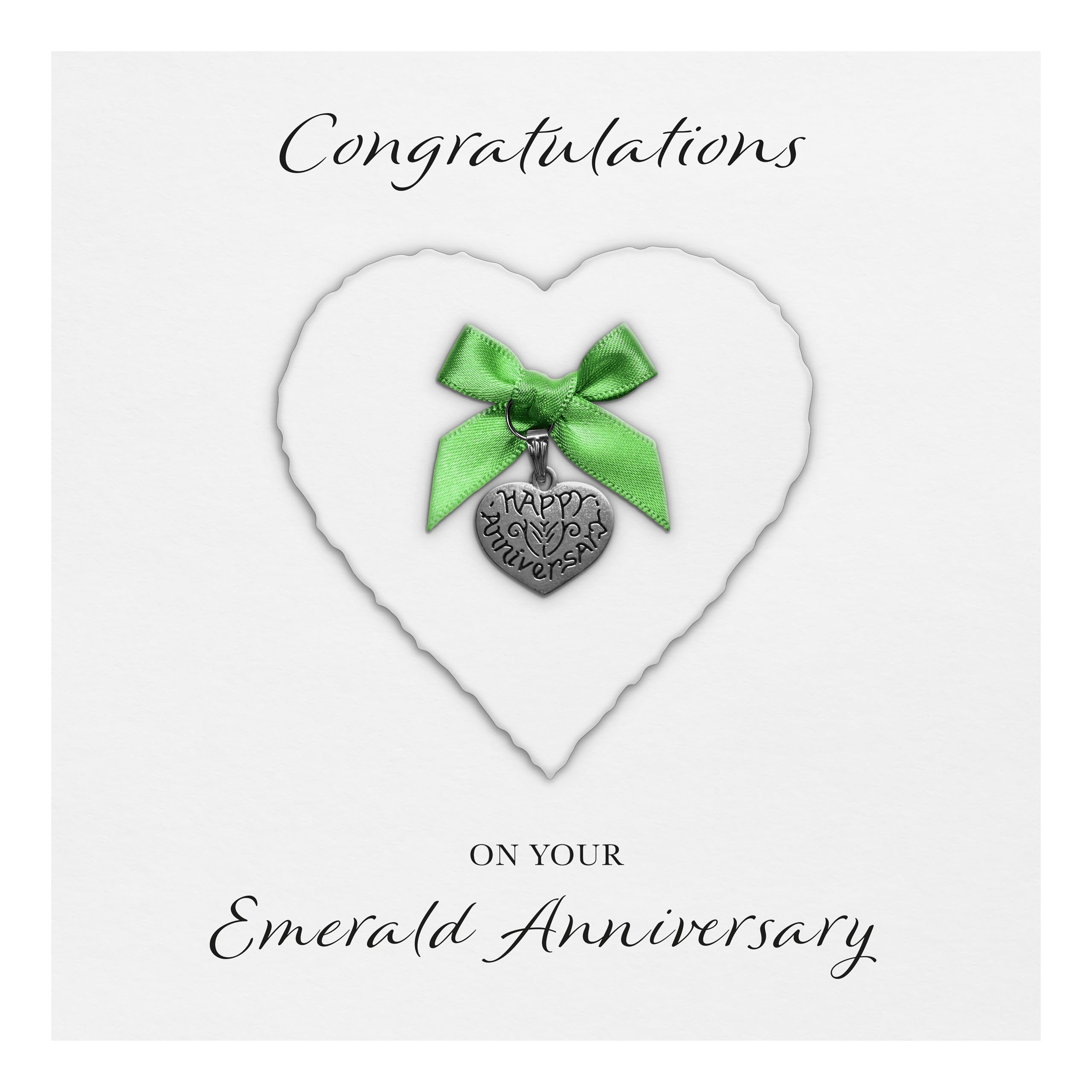 Emerald 55th Anniversary Card "Heart Charm & Bow" - Handmade UK (White Heart/Emerald Bow, White Cardstock)