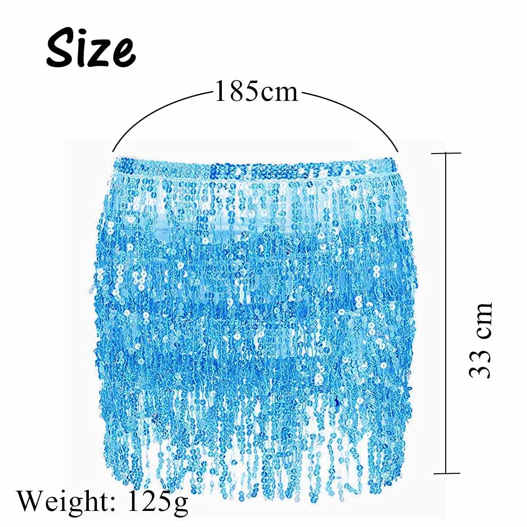 RELBCY Belly Dance Skirt Tassel Sequins Hip Skirts Fringe Scarf Wrap Rave Performance Costume for Women and Girls (F-Blue)