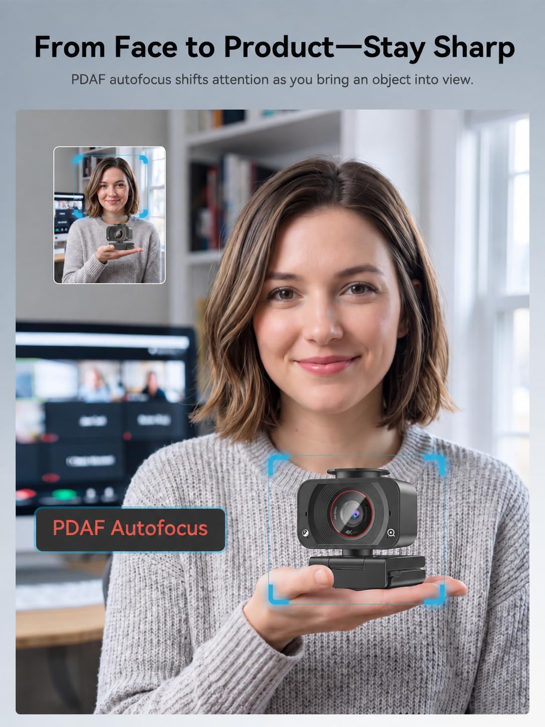 Spedal 4K Webcam for PC, 1/2.5" Sensor, 1080P 60FPS, PDAF Autofocus, 2 Mics
