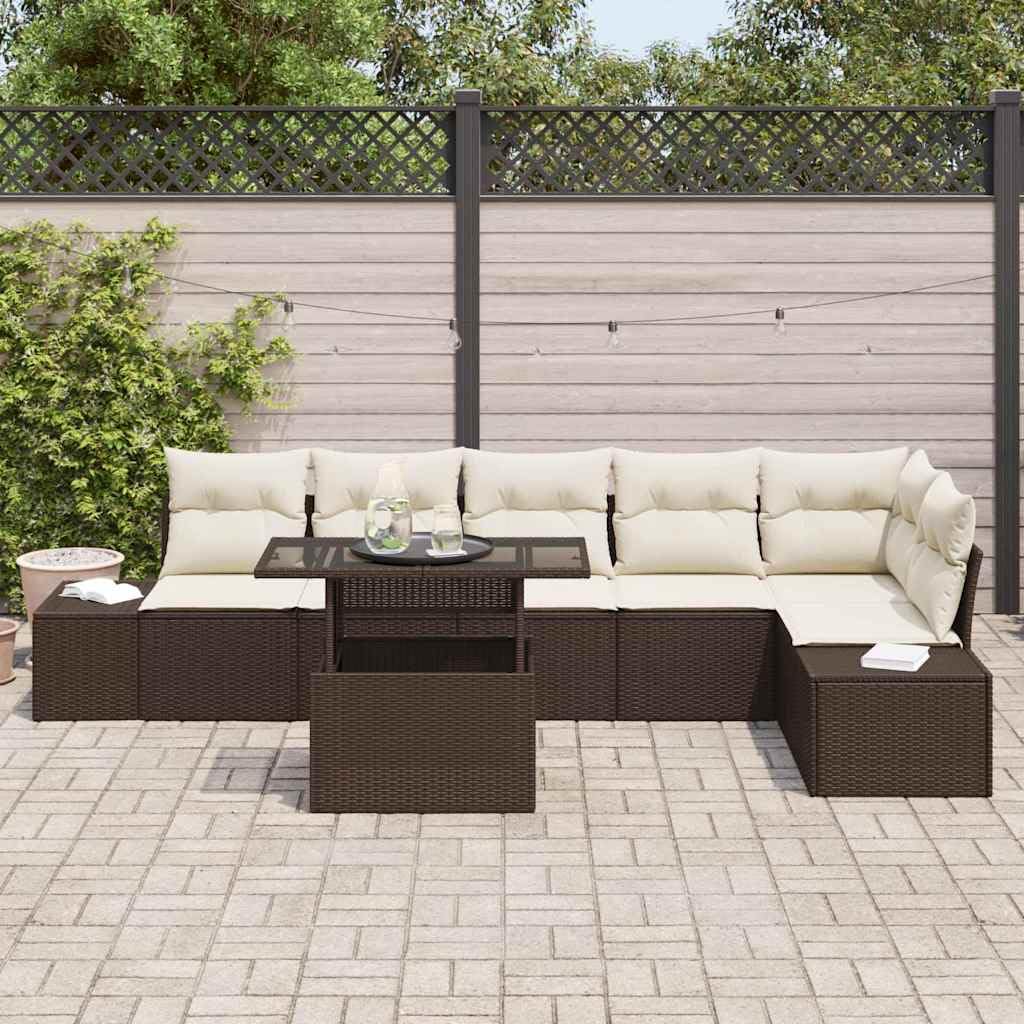 Sofa ogrodowa 7-częściowy zestaw z poduszkami w kolorze brązowym i kremowym, modułowy mebel outdoorowy z polirattanu ze stalową ramą i stołem ze szkła o regulowanej wysokości, wygodny zestaw