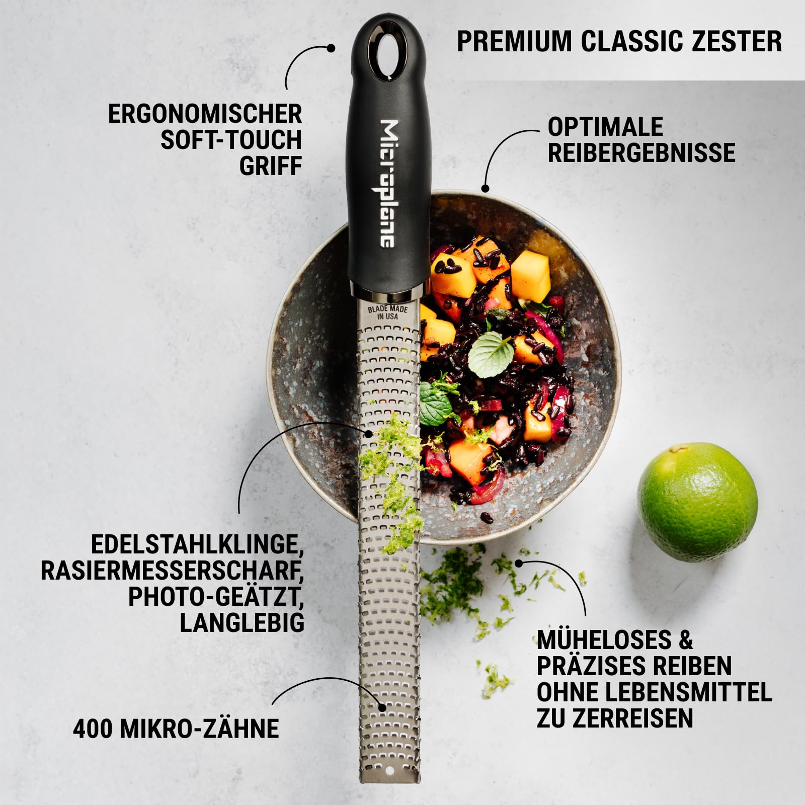Microplane Gourmet Küchenreibe Set 3-teilig – Premium Zester, Reibe sehr grob & Gemüseschäler | Edelstahl, ultrascharfe Klingen, rutschfester Soft-Touch-Griff, Profi Küchenhelfer