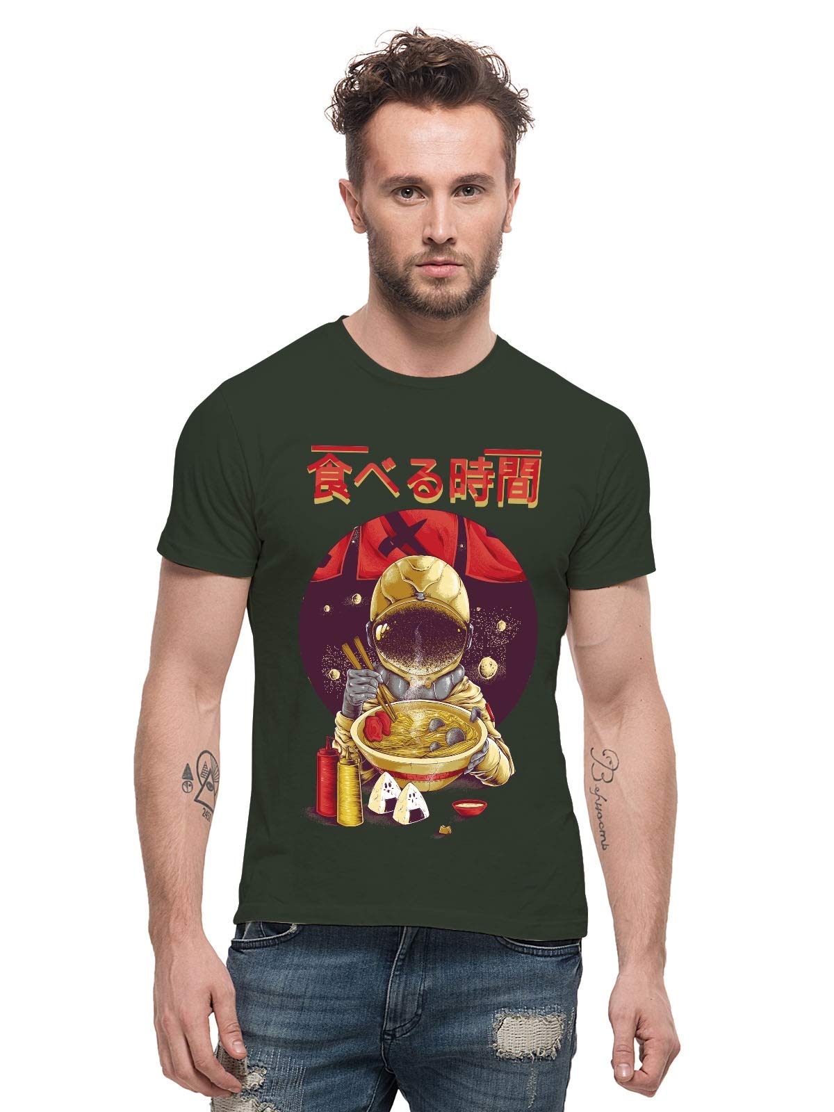 THREADCURRY Astronaut Eat Time | Funny Manga Comic Party Holiday Fun Cotton Printed Creative Tshirt for Men