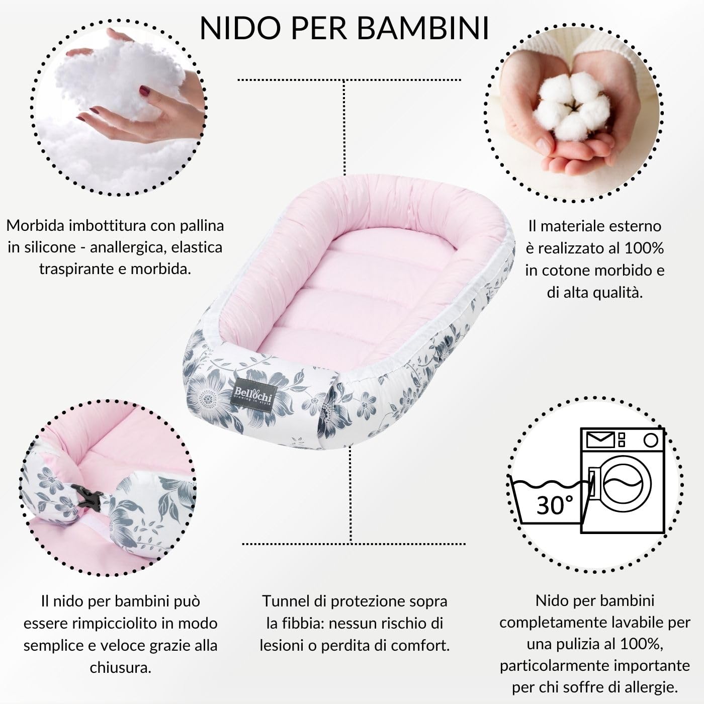 Bellochi Riduttore Lettino per Neonato, Riduttore per Culla - Antisoffoco, 100% Cotone - Cuscino Riduttore, Cocoon a Baby, Baby Nest - 90 x 60 cm - Pink Berry
