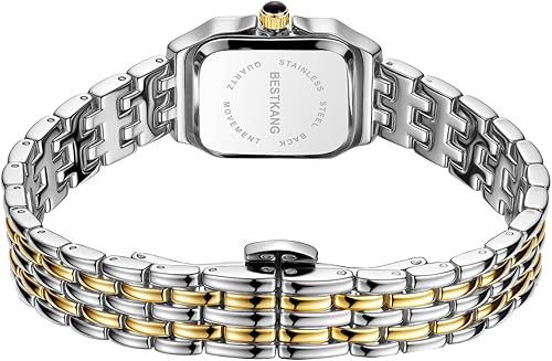 Miniatura 3 de BESTKANG Relojes para mujer Vintage Square Classic Reloj de lujo con números romanos Dial Oro Plata Dos Tonos Banda de Acero Inoxidable Elegante