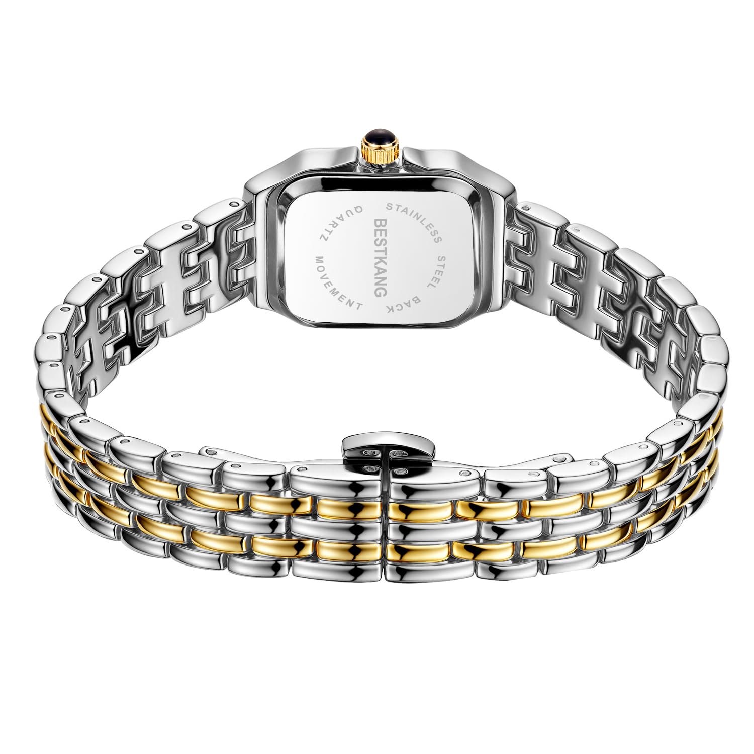 BESTKANG Reloj de pulsera para mujer, clásico, cuadrado, clásico, de lujo, con números romanos, esfera dorada y plateada, correa de acero inoxidable de dos tonos, elegante, para mujer