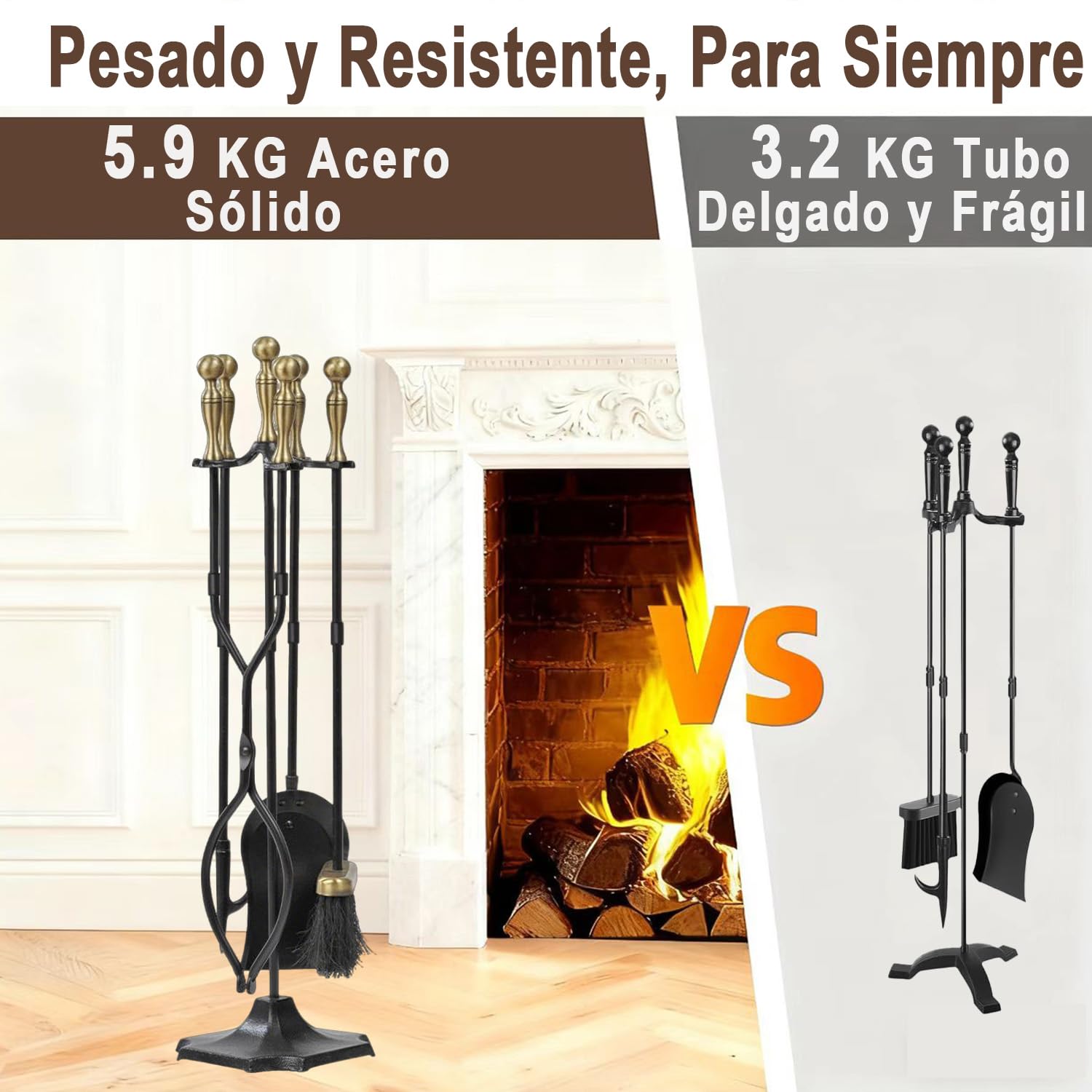Amagabeli - Juego de 5 Herramientas para Chimenea de 26.5 Pulgadas (67.3 cm) con Asas de latón y Soporte de Hierro Forjado para Interiores y Exteriores, Soporte para fogatas, Pinzas, Pala, Cepillo,