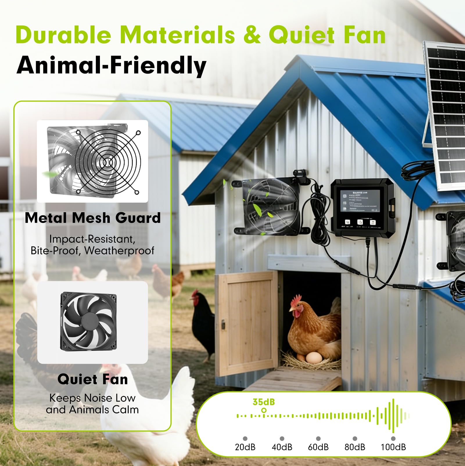 Kit de Ventilador Solar Exterior con Temporizador, 3 Modos, Doble Alimentación Panel Solar de 40 cm + Batería, con Dos Ventiladores para Gallinero, Caseta para Perros, Invernadero, Cobertizo de Jardín