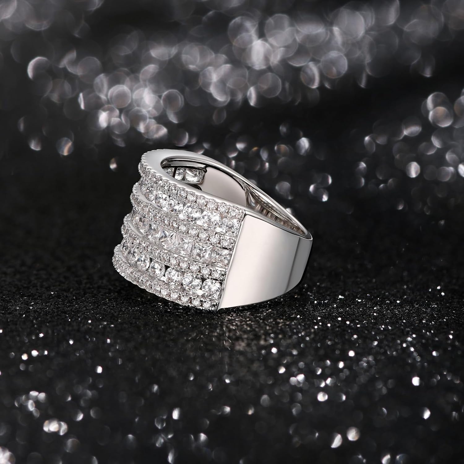 Wide Wedding Bands for Women 18K White Gold Plated 3 Row Round Princess Cut AAAAA Cubic Zirconia Eternity Stackable Fashion Cocktail Rings for women Size 5-10 - Image 4