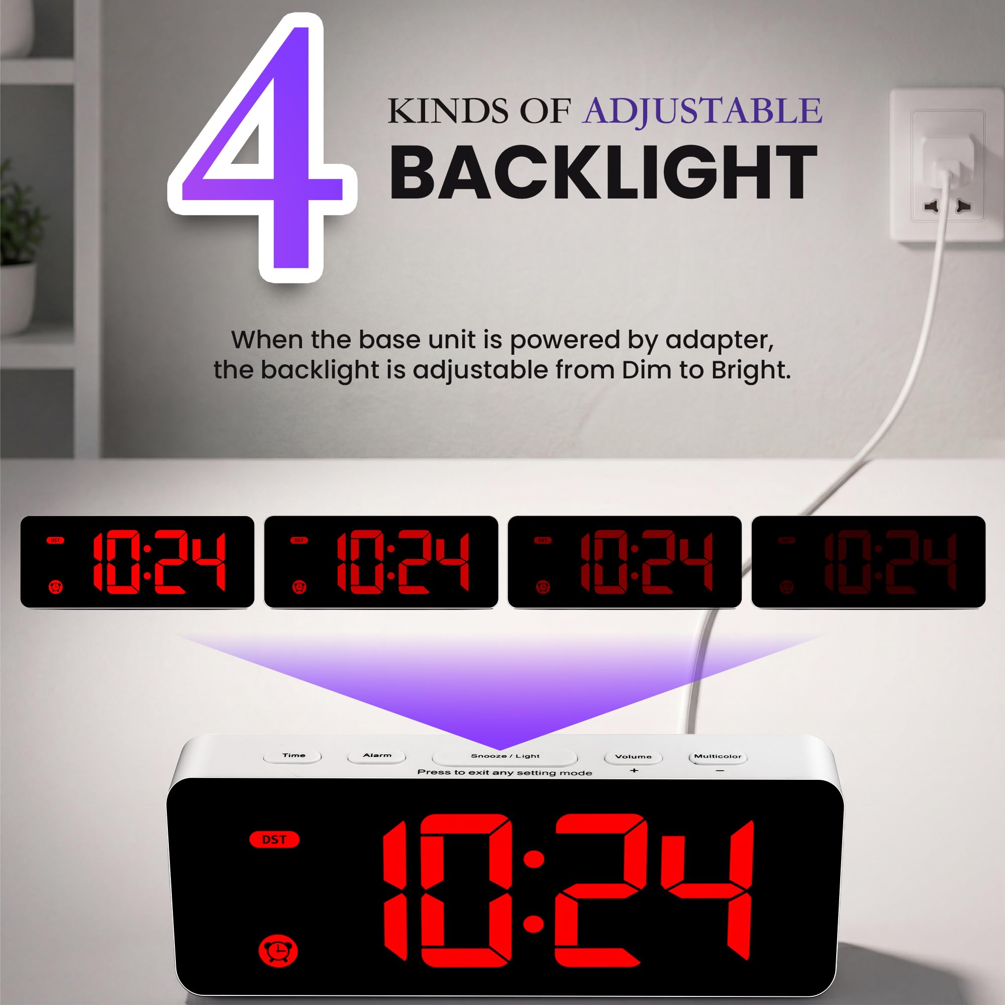 HODIK Reloj despertador para dormitorio de niños, reloj digital pequeño, 4 retroiluminación regulable, 3 volúmenes ajustables con repetición (pantalla roja)