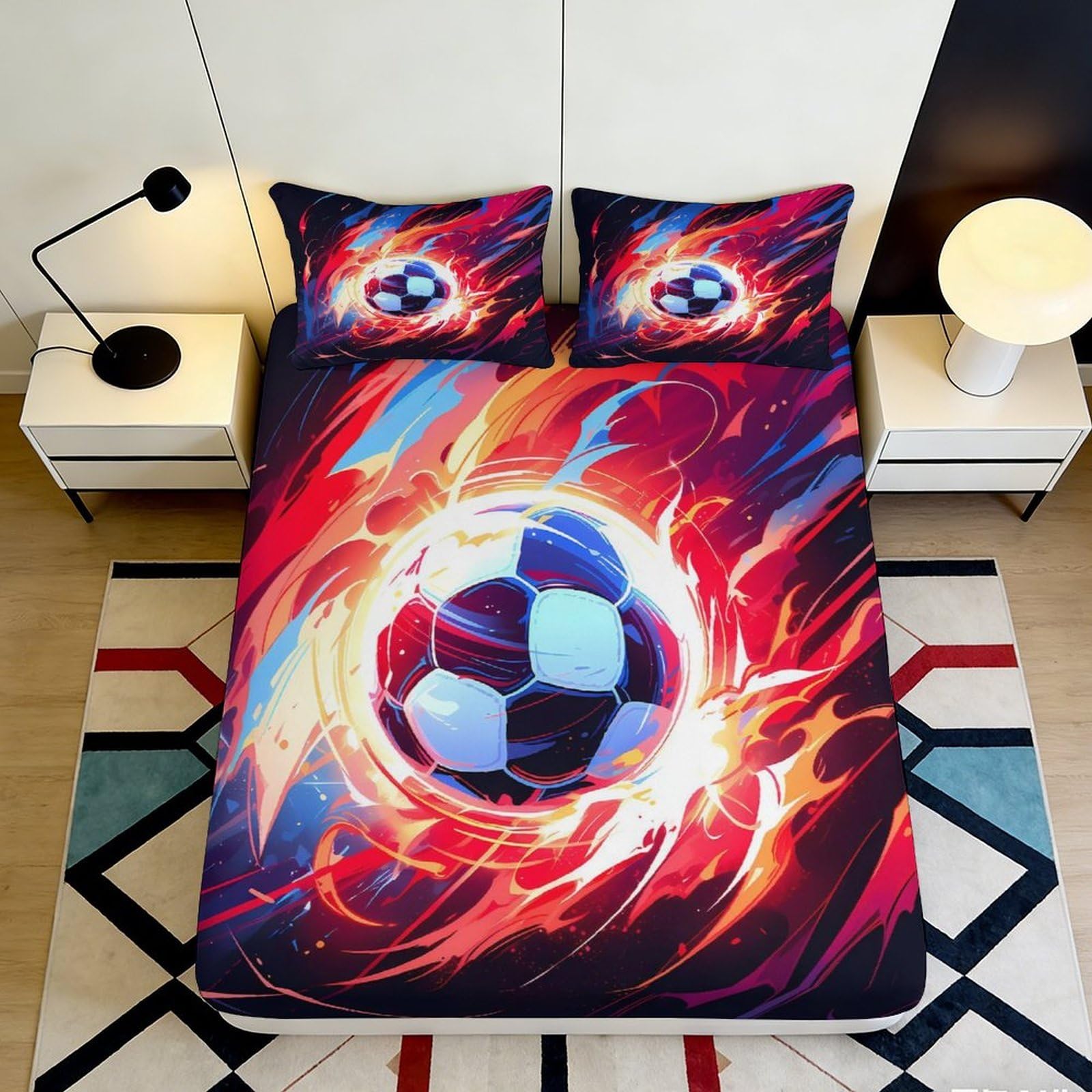 3D Printed Fire Soccer Fitted Sheet Microfiber Soft Anti-Slip Bedroom Decor Flame Ball Mattress Cover 90x200x25cm