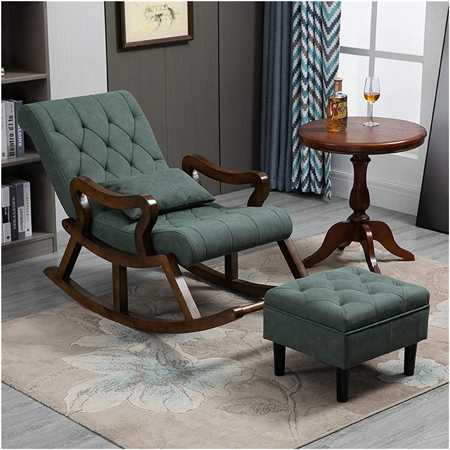Solid Sheesham Wood Rocking Chair for Living Room, Resting Arm Chair with Ottoman/Footrest for Indoor, Outdoor, Single Seater Sofa with Stool, Rosewood Legs, Swed Green, Pre-Assembled-image-4