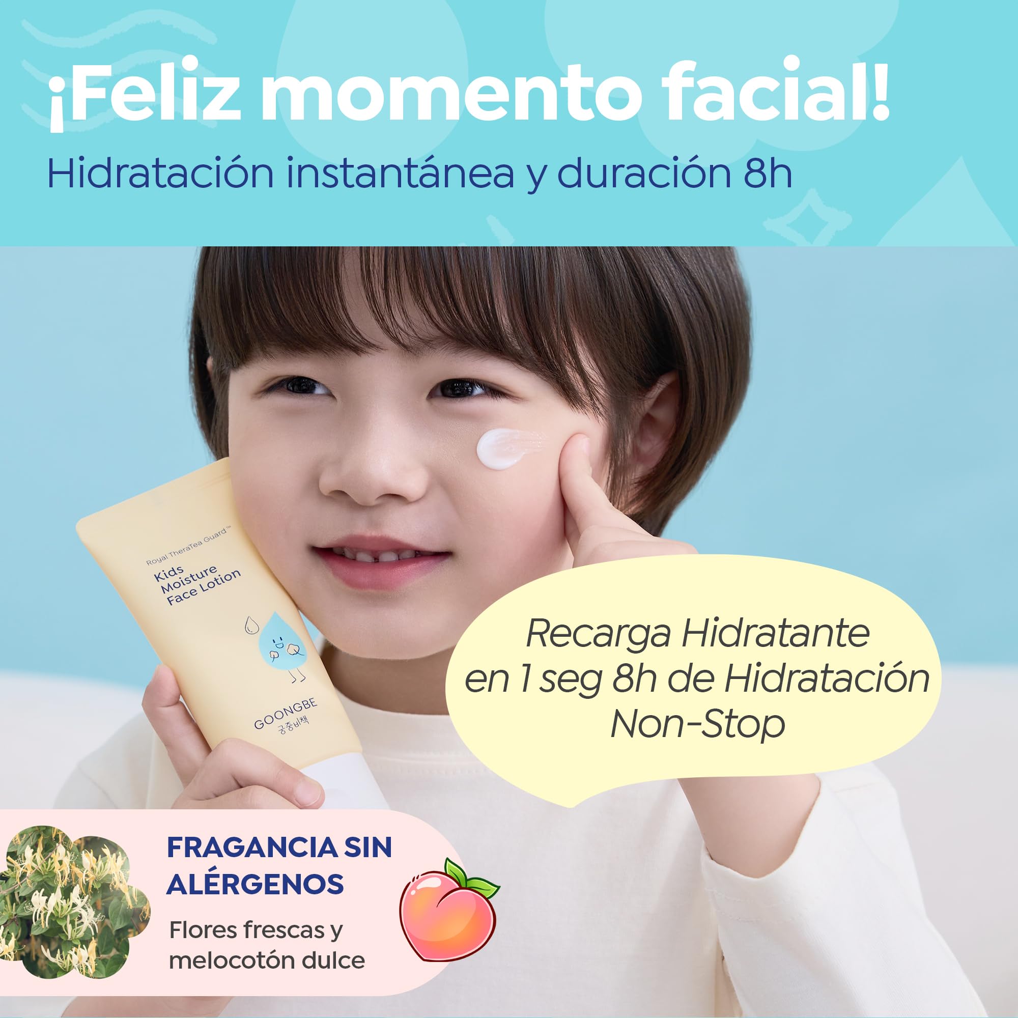 GOONGBE Loción facial hidratante para niños, hidratación facial diaria para niños coreanos, crema hidratante refrescante de 8 horas con Cica y alantoína, fragancia sin alérgenos,