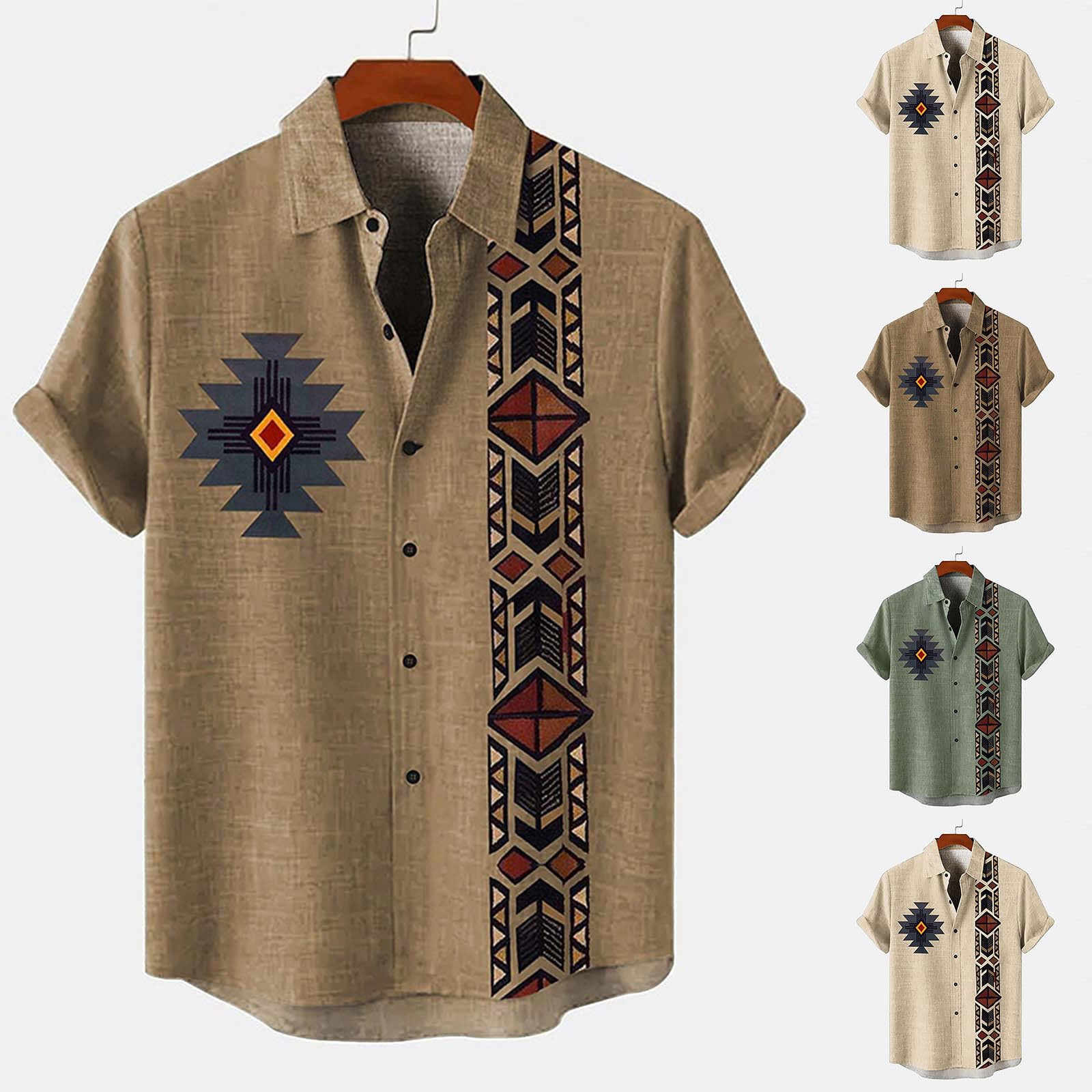 Chemise en lin pour homme - Dashiki africain - Rétro tribaux - Imprimé - Manches courtes - Chemise décontractée funky Hawaï - Chemise d'été boutonnée - Chemise d'été respirante à manches courtes