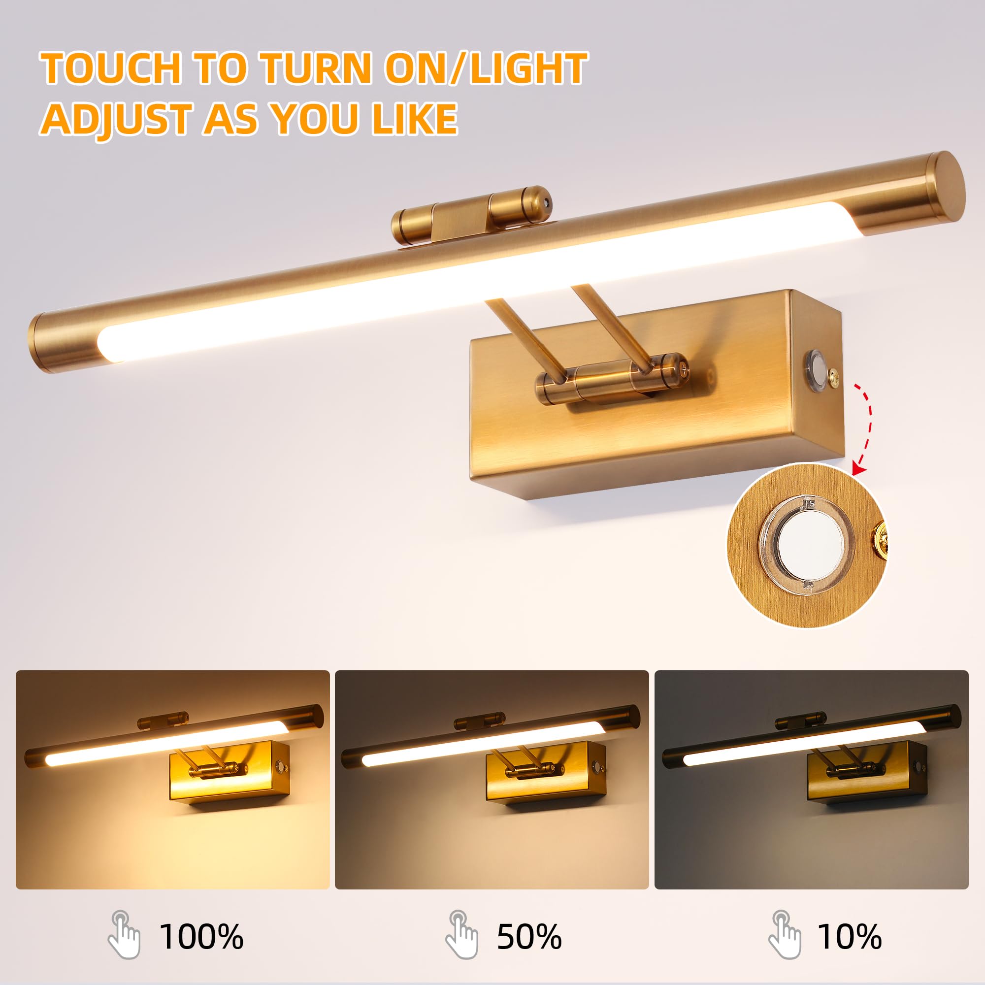Applique Murale Salle de Bain Lampe à Miroir LED 40cm Interrupteur à Tirette 3000K Tête Pivotante pour Tableau Lampe Murale Mordern Dimmable Interieur 8W IP44