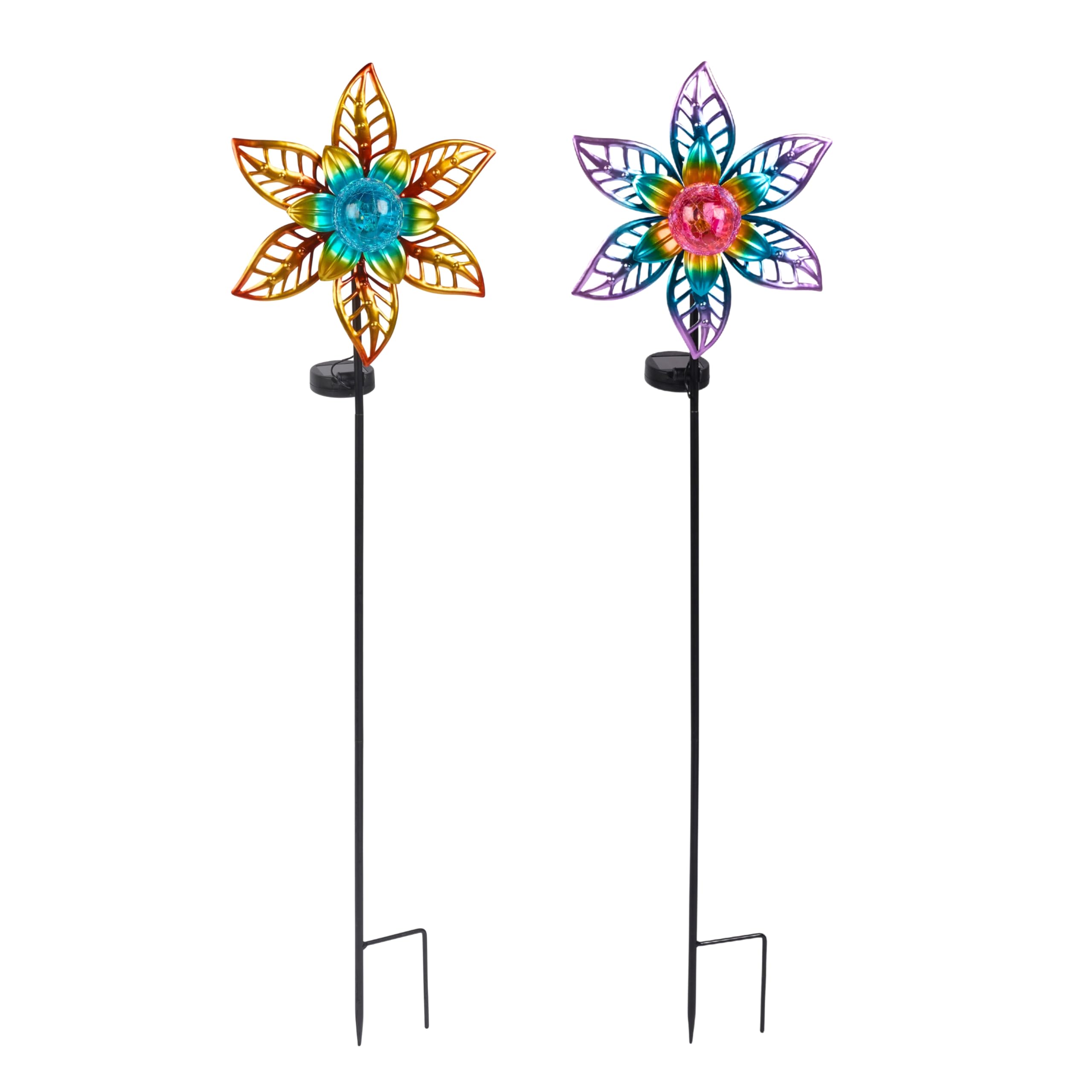 Garden Mile 90cm Solar Flower Garden Stake Lights Set of 2 – Decorative Metal Solar Lights with Crackle Glass Ball, Outdoor Waterproof Pathway Lights for Garden, Borders, Lawn & Patio — image 1