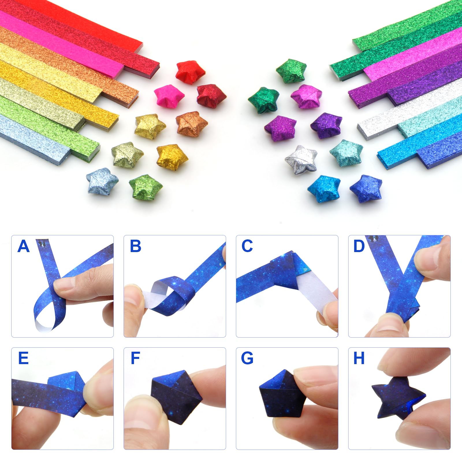 MingQiEven 720 Sheets Glitter Origami Star Paper Strips, Lucky Star Decoration Paper Strips for DIY Hand Art Crafts Origami, School Teaching Origami Star Paper (Glitter 18 Colors)
